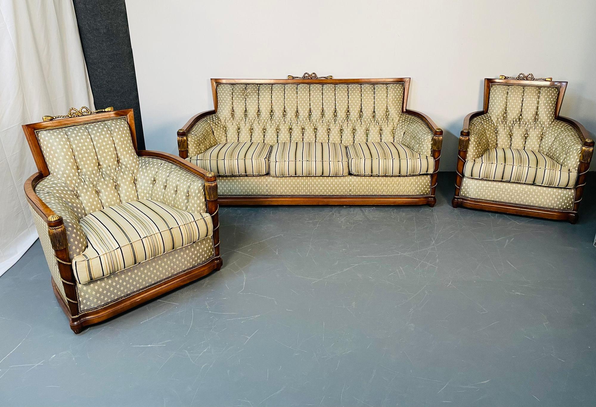 Grosfeld House Living Room Set, Sofa and Pair Chairs, Mid-Century Modern, Scalamandre Fabric
 
Complete three piece Living Room set having one pair of chairs and a sofa. This stunning Grosfeld House pair of tall back arm chairs and matching sofa