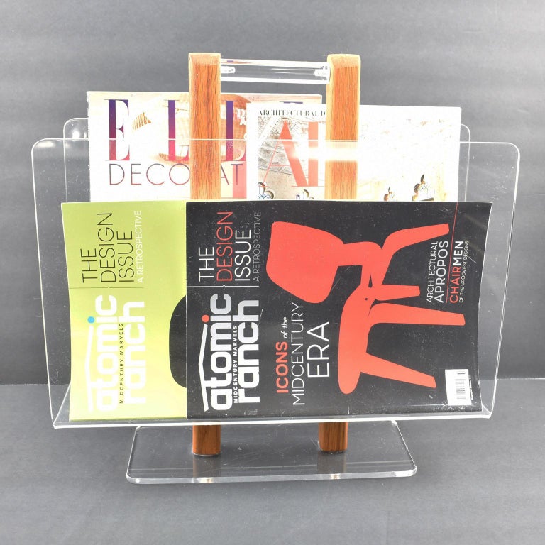 Grosfeld House Lucite and Oak Wood Magazine Rack Stand For Sale at 1stdibs