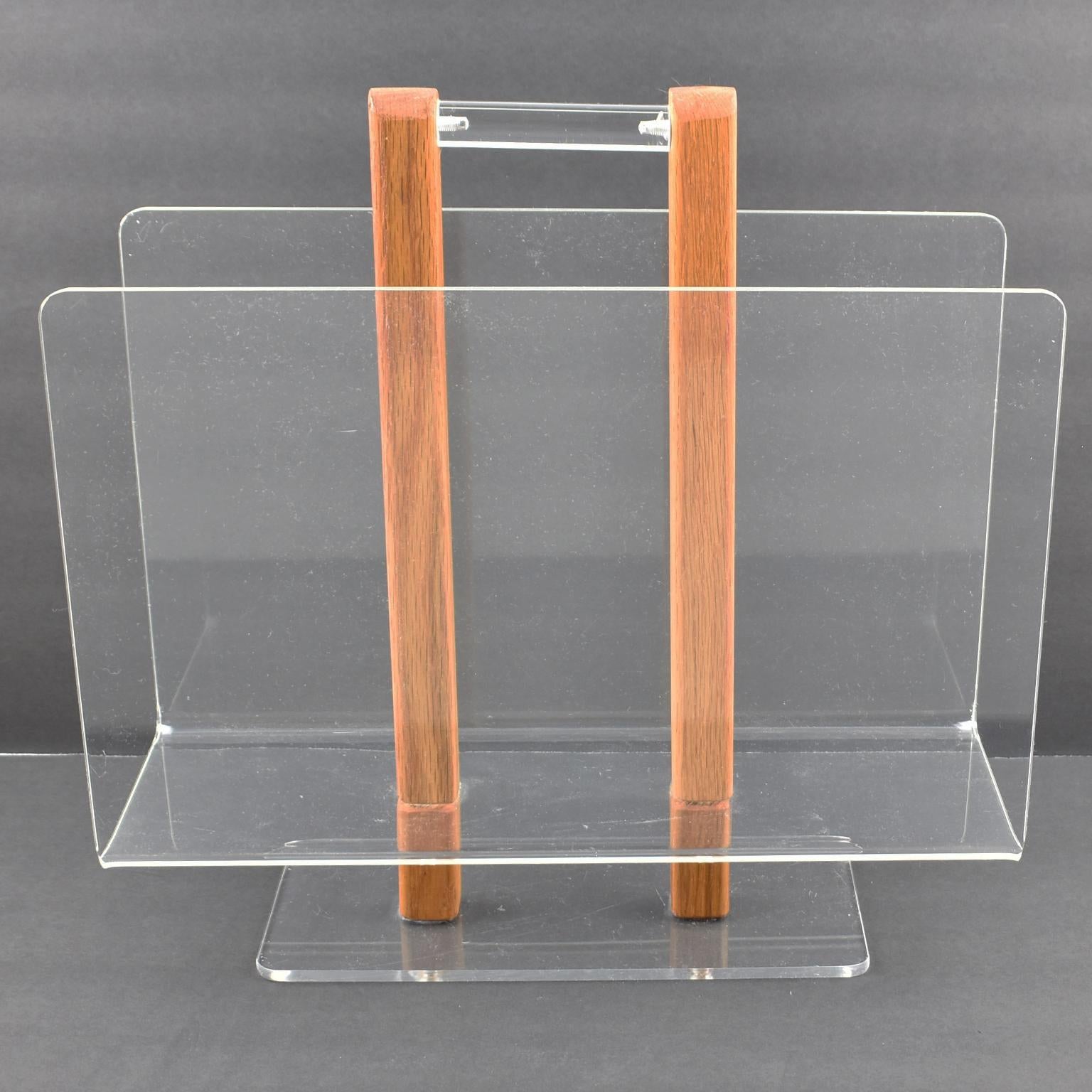 20th Century Grosfeld House Lucite and Oak Wood Magazine Rack Stand