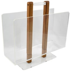 Grosfeld House Lucite and Oak Wood Magazine Rack Stand