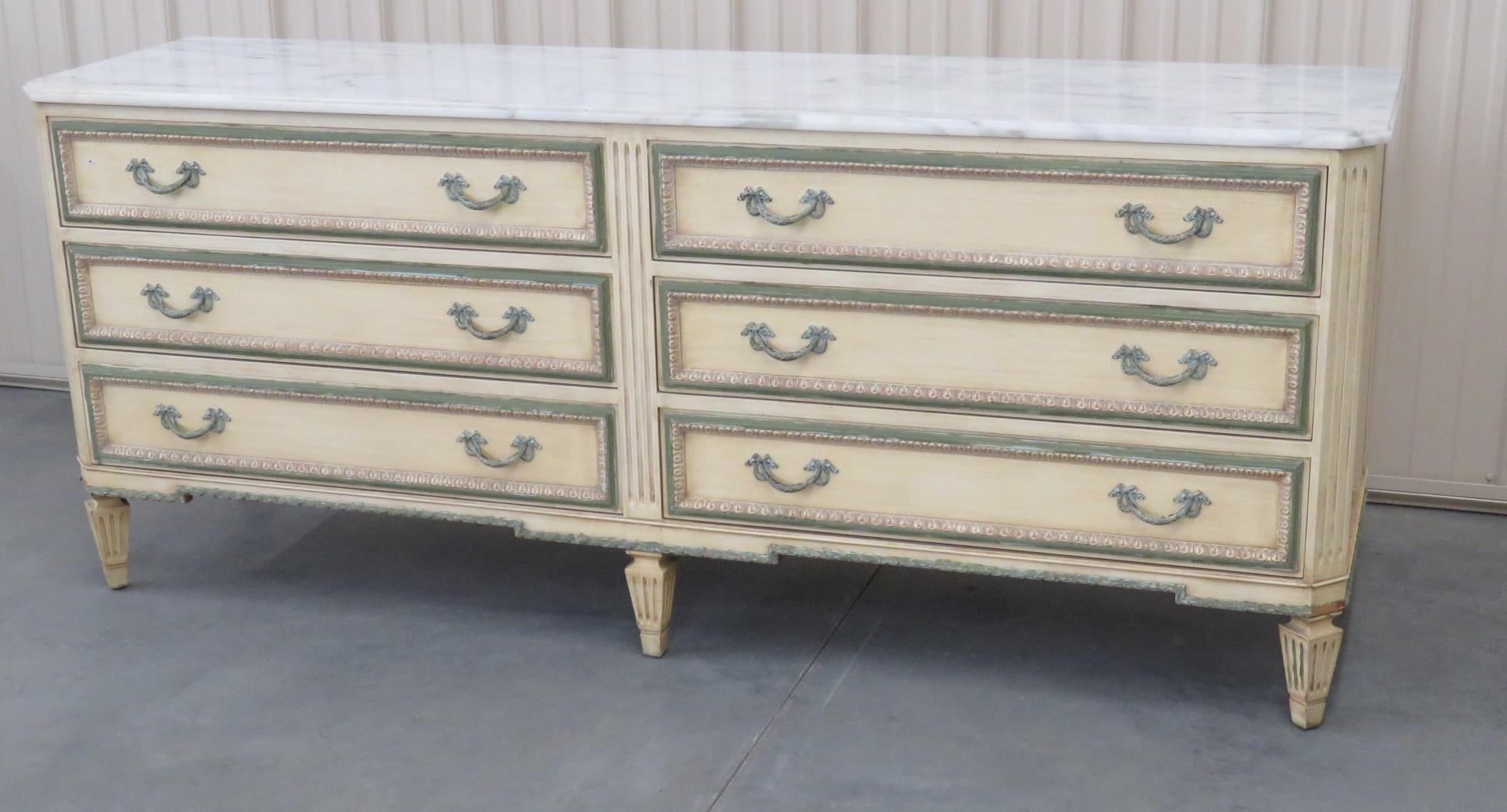 Grosfeld House Swedish style marble top 6-drawer distressed painted dresser.