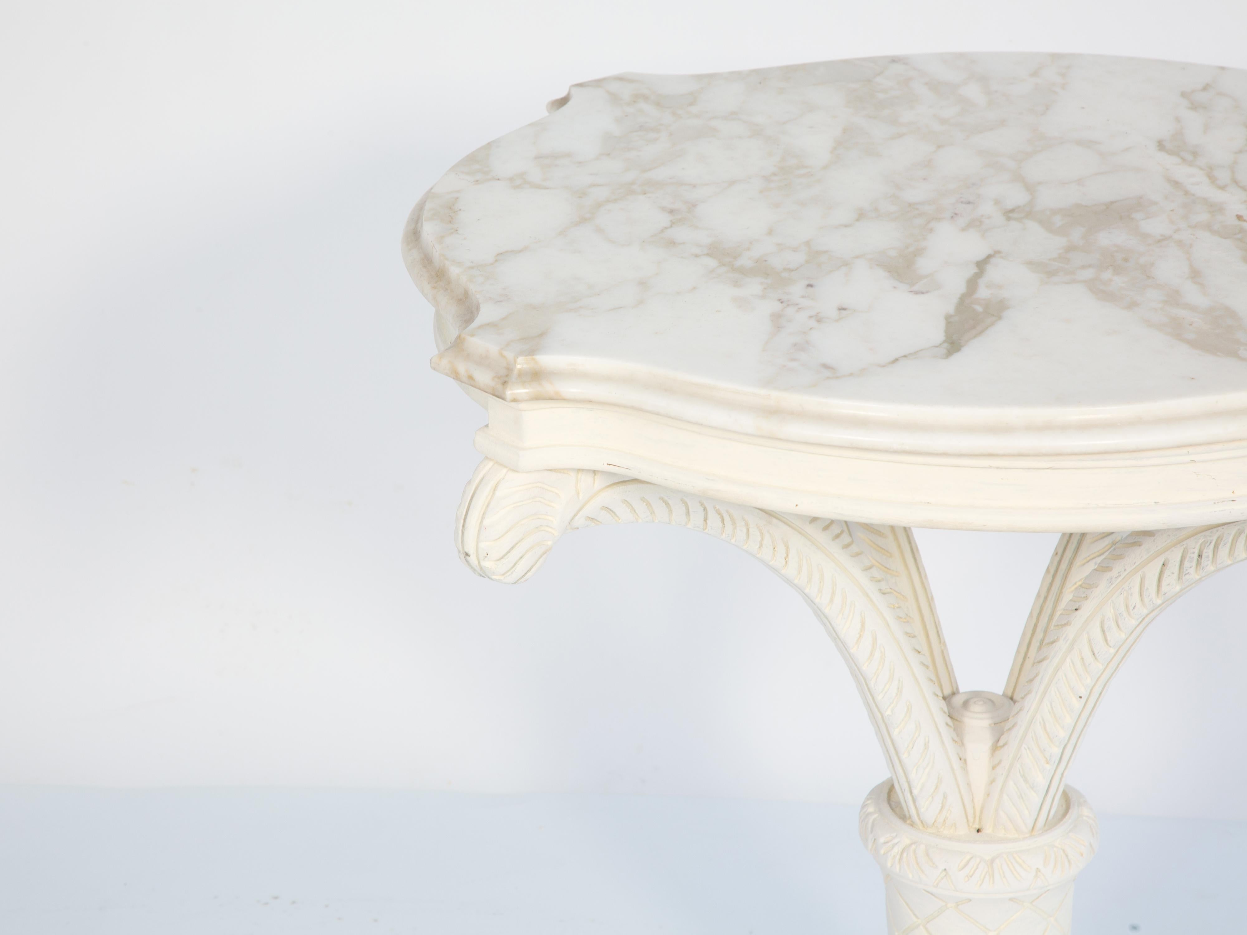 Hollywood Regency Grosfeld House Painted Vintage Carved Plume Table with Calcutta Marble Top For Sale