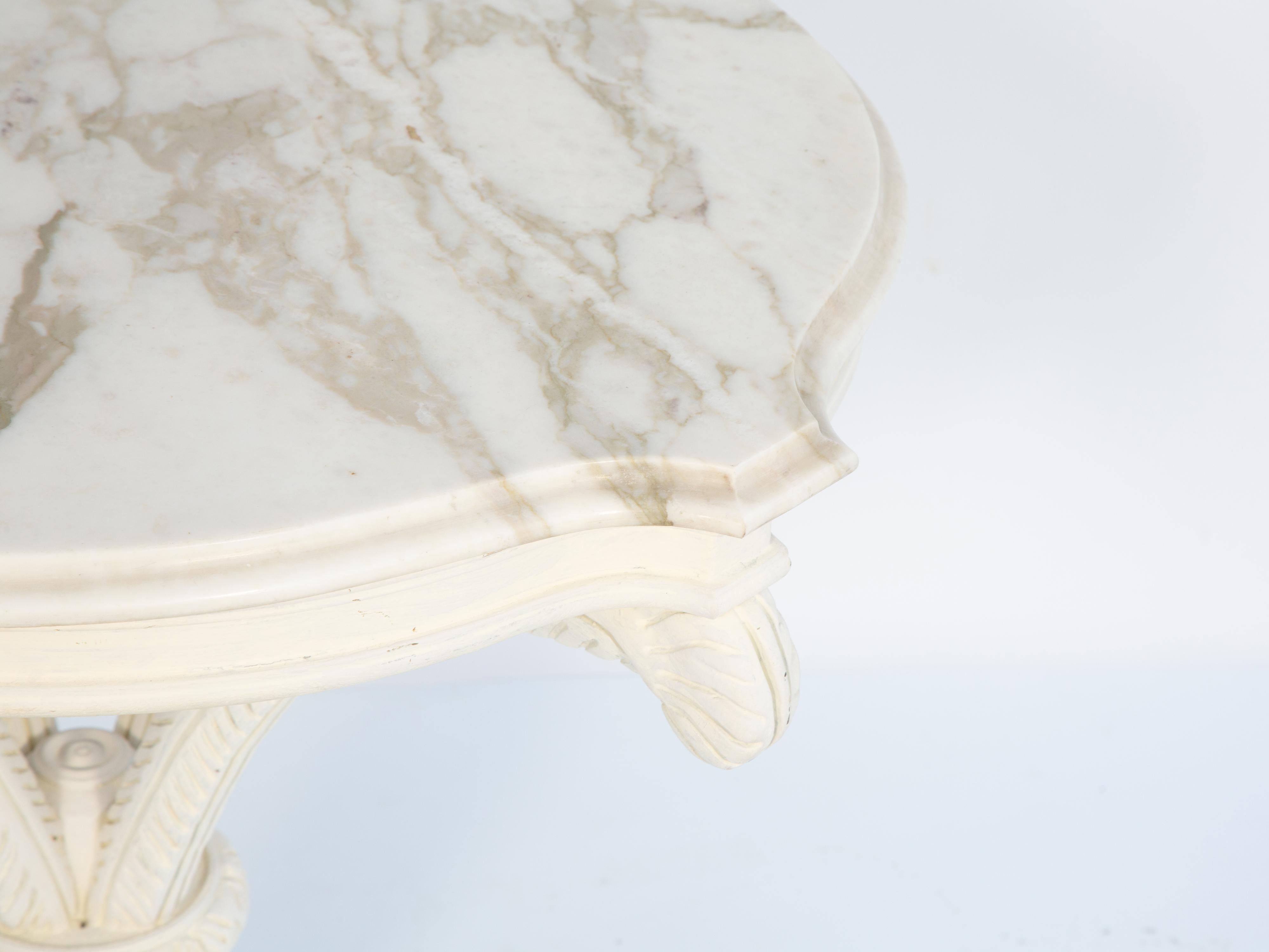 American Grosfeld House Painted Vintage Carved Plume Table with Calcutta Marble Top For Sale