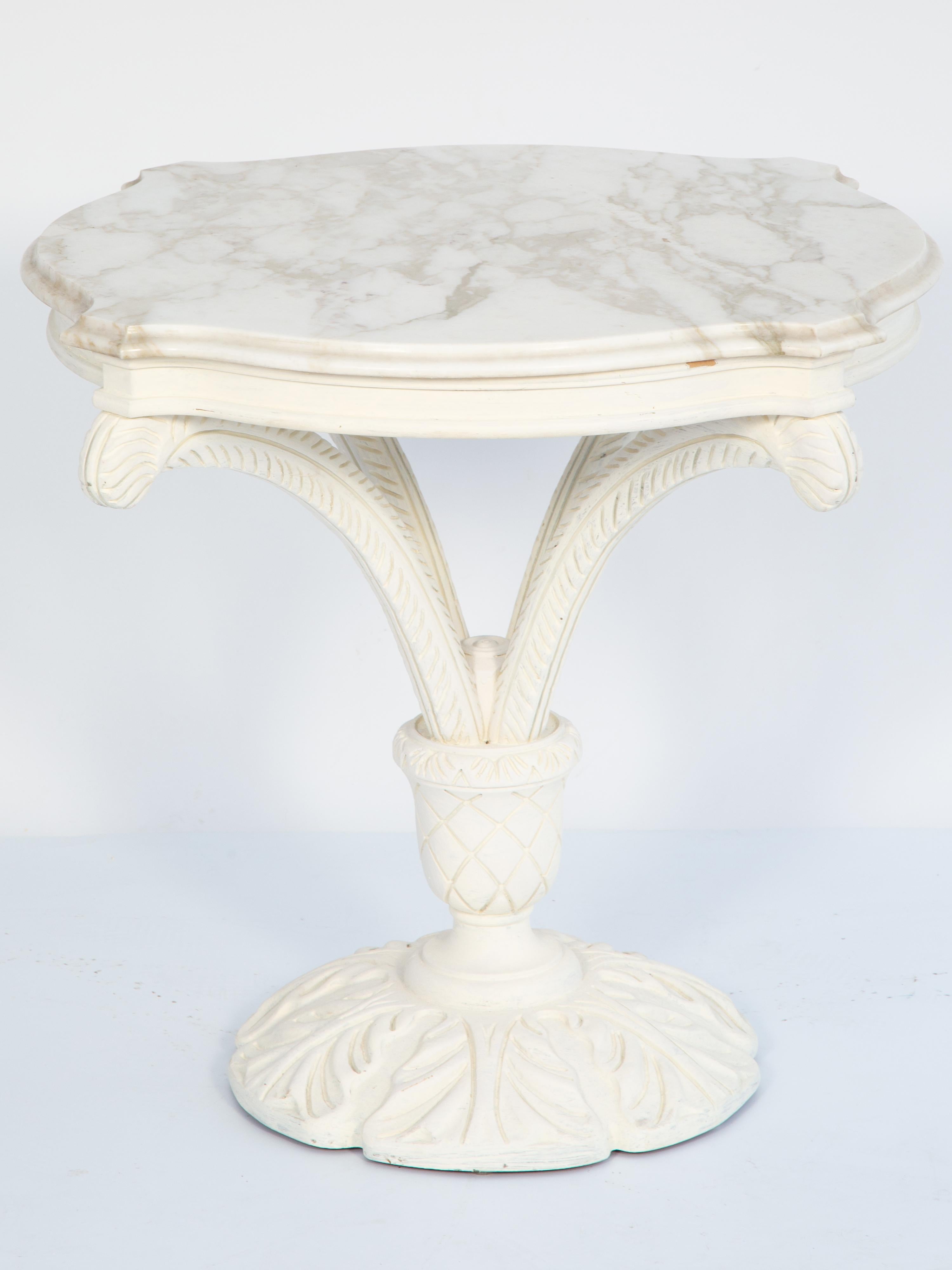 Grosfeld House Painted Vintage Carved Plume Table with Calcutta Marble Top For Sale 2