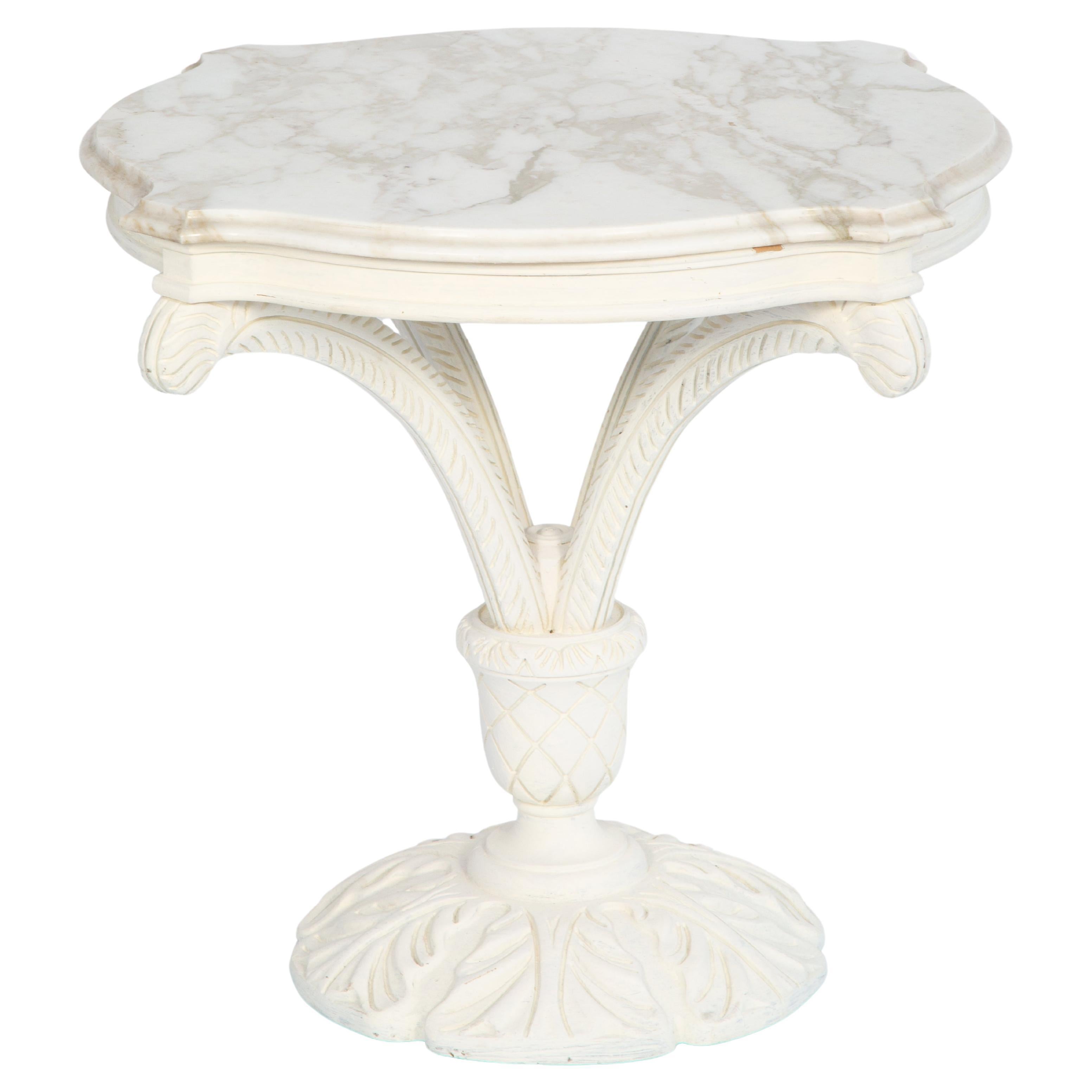 Grosfeld House Painted Vintage Carved Plume Table with Calcutta Marble Top