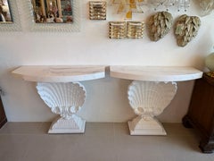 Grosfeld House Seashell Shell Scalloped Pair Demi Lune Wall Console Table Marble