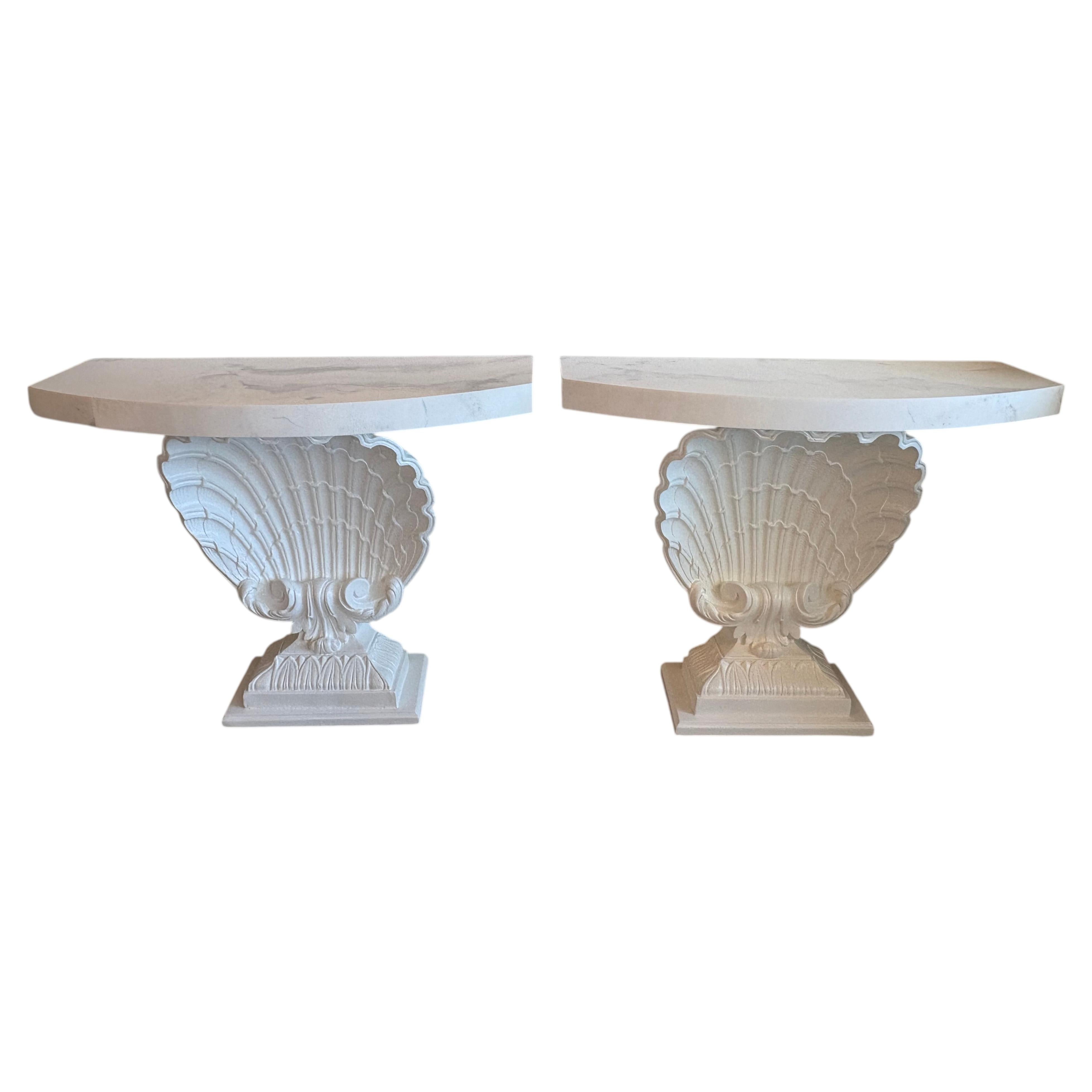 Grosfeld House Seashell Shell Scalloped Pair Demi Lune Wall Console Table Marble