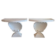 Grosfeld House Seashell Shell Scalloped Pair Demi Lune Wall Console Table Marble
