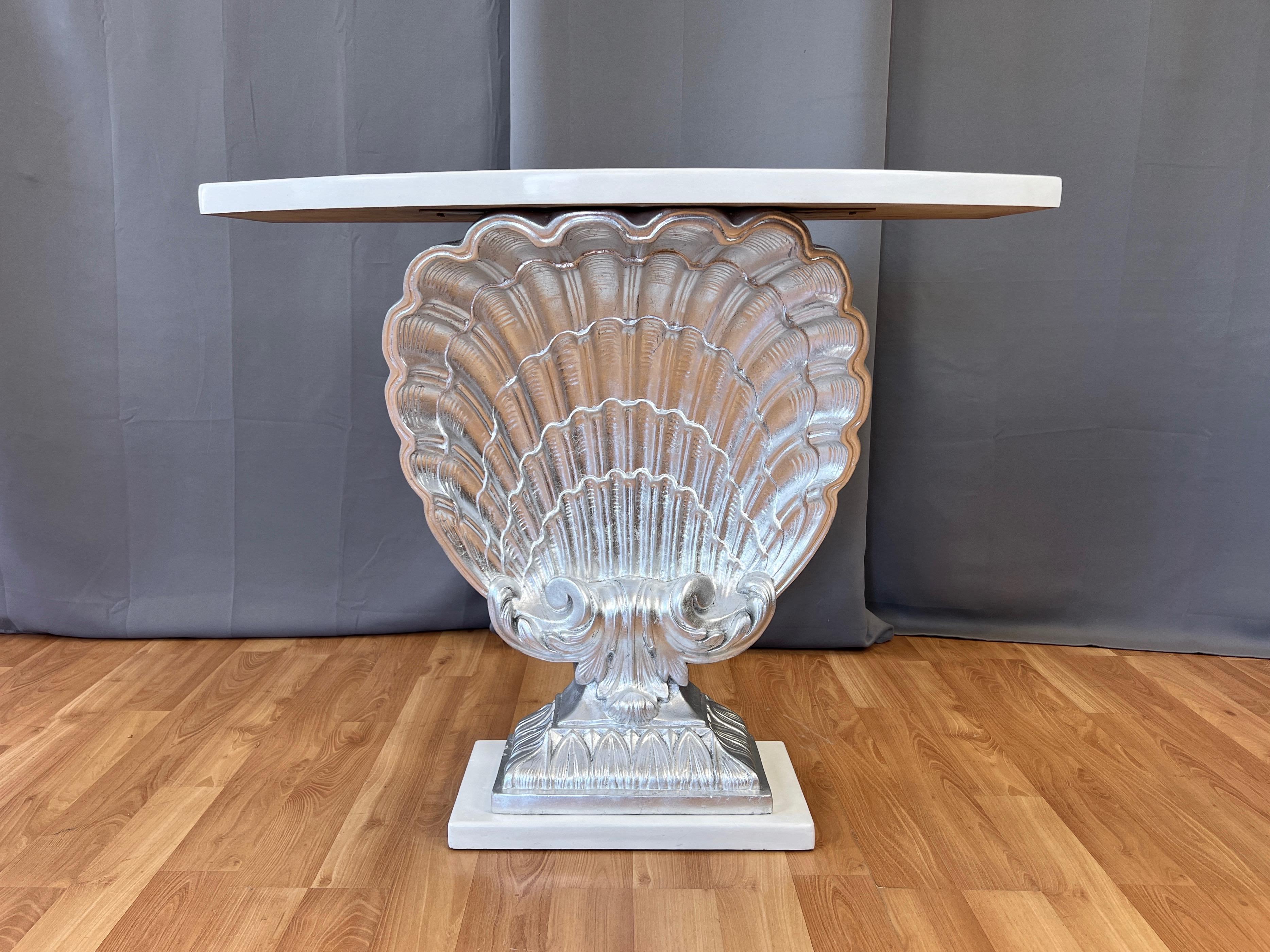American Grosfeld House Shell Console Table in Silver Leaf and White Lacquer, 1940s For Sale