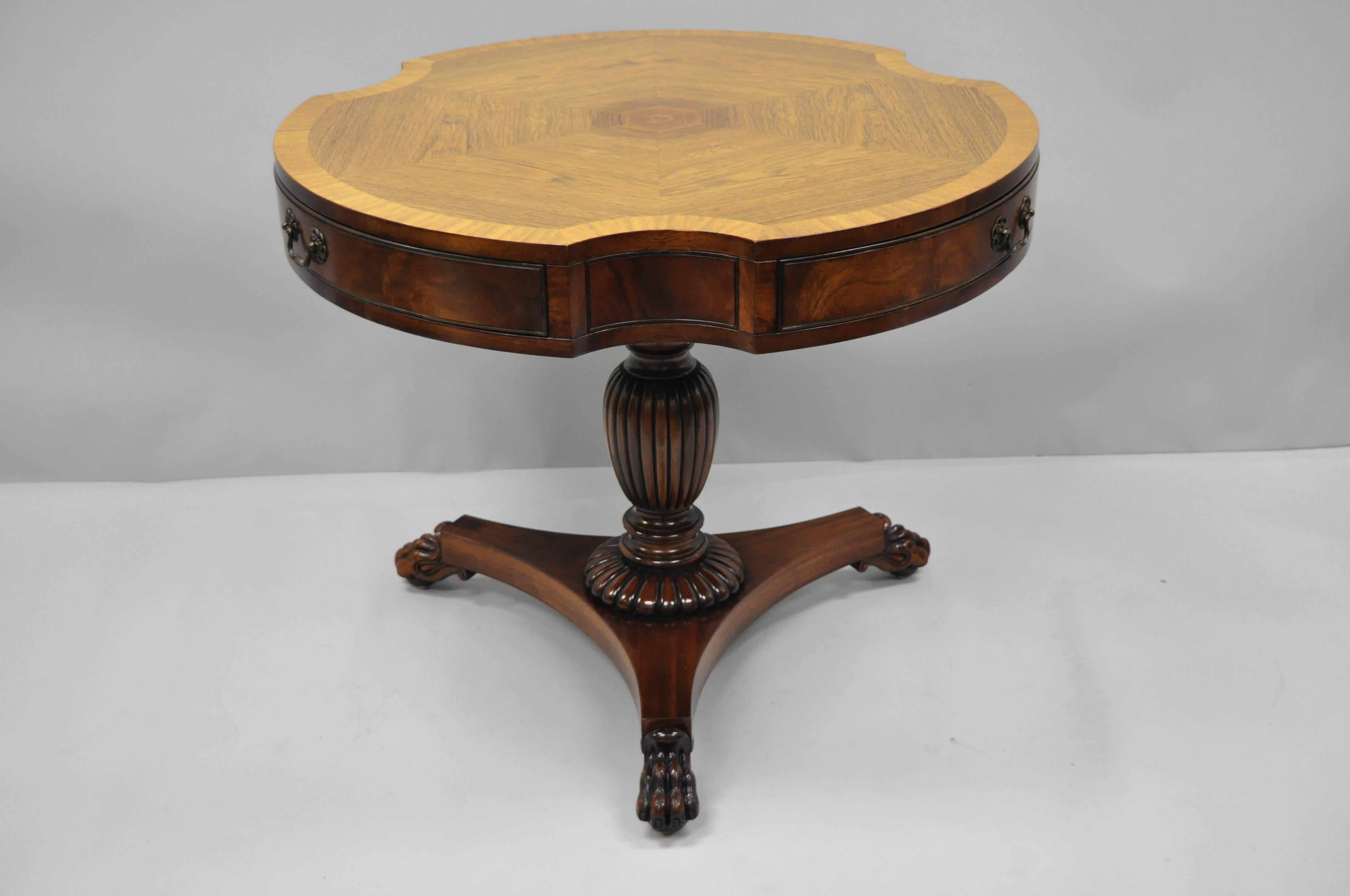 Grosfeld House Mahogany and Rosewood Three Drawer Pedestal Drum Center Table For Sale 8