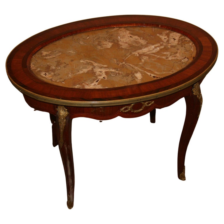 Ormolu Mounted Mahogany Inlaid and Marble Top Cocktail Table For Sale at 1stDibs