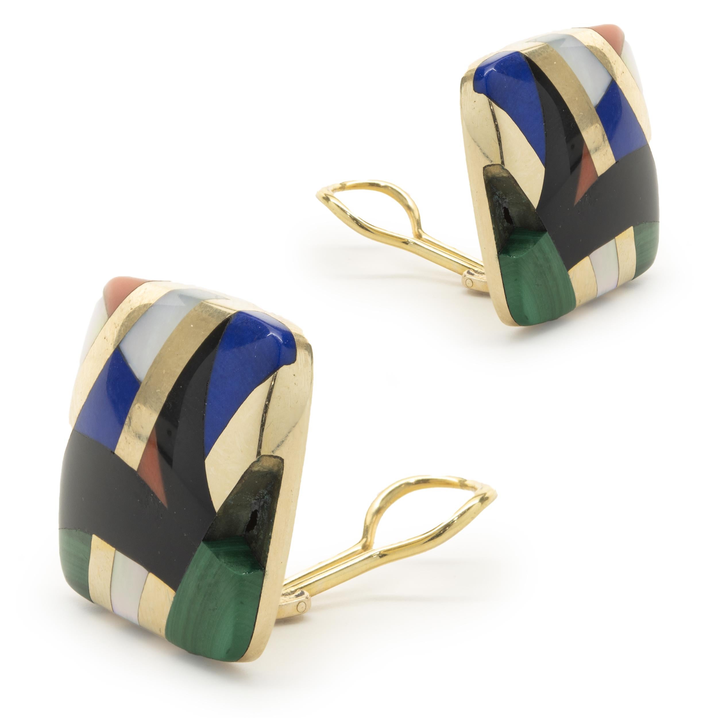 Grossbardt 14KY Onyx, Mother of Pearl, Lapis, Malachite, Coral Square Earrings In Excellent Condition In Scottsdale, AZ