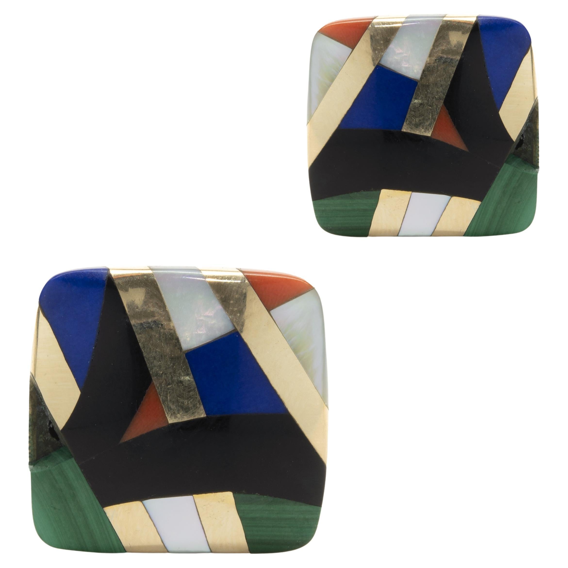 Grossbardt 14KY Onyx, Mother of Pearl, Lapis, Malachite, Coral Square Earrings