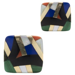 Grossbardt 14KY Orecchini quadrati in onice, madreperla, lapis, malachite e corallo