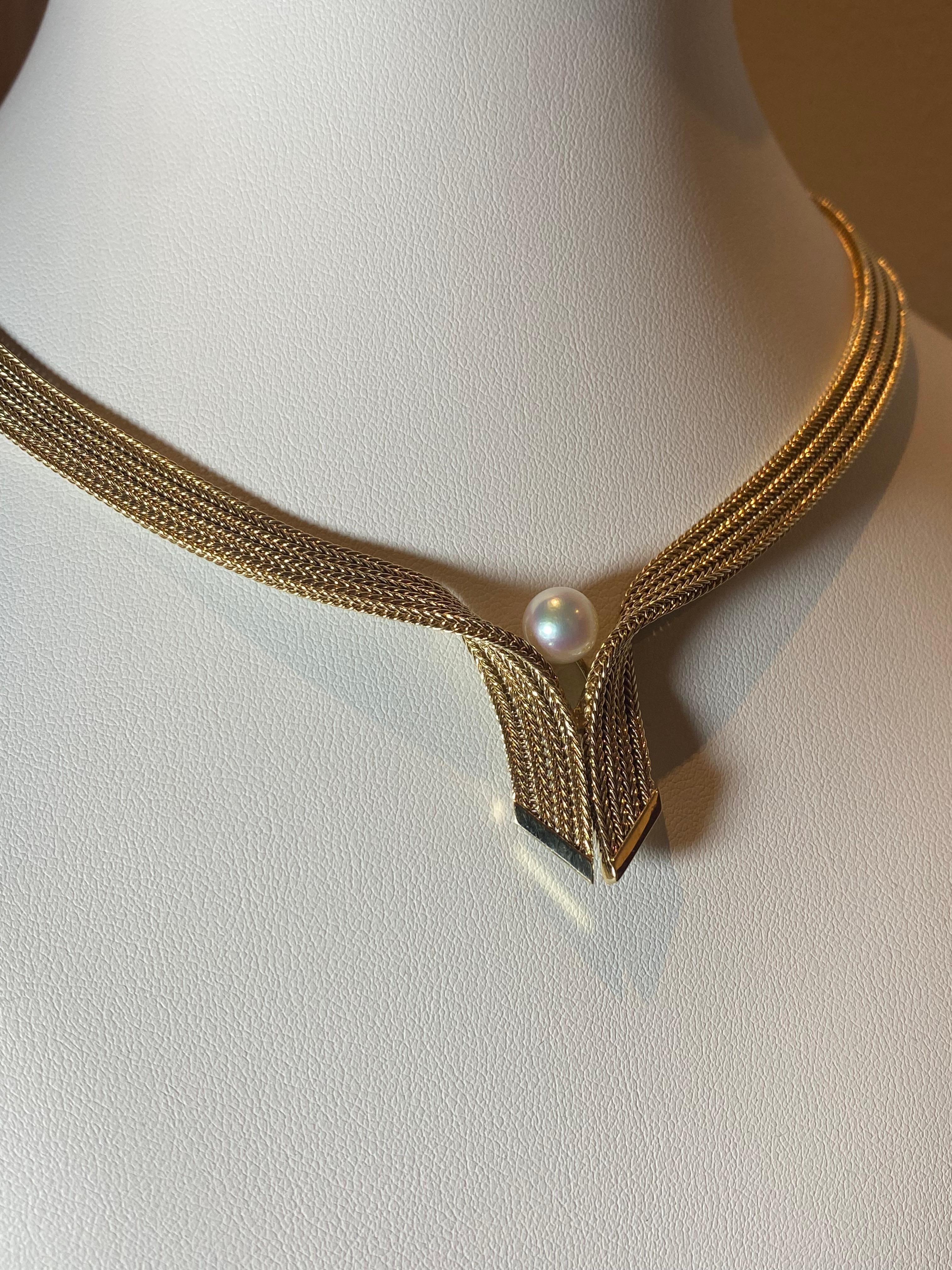 Round Cut Grossé Germany 14K Yellow Gold & 10mm South Sea Pearl Retro Necklace, c1963 For Sale