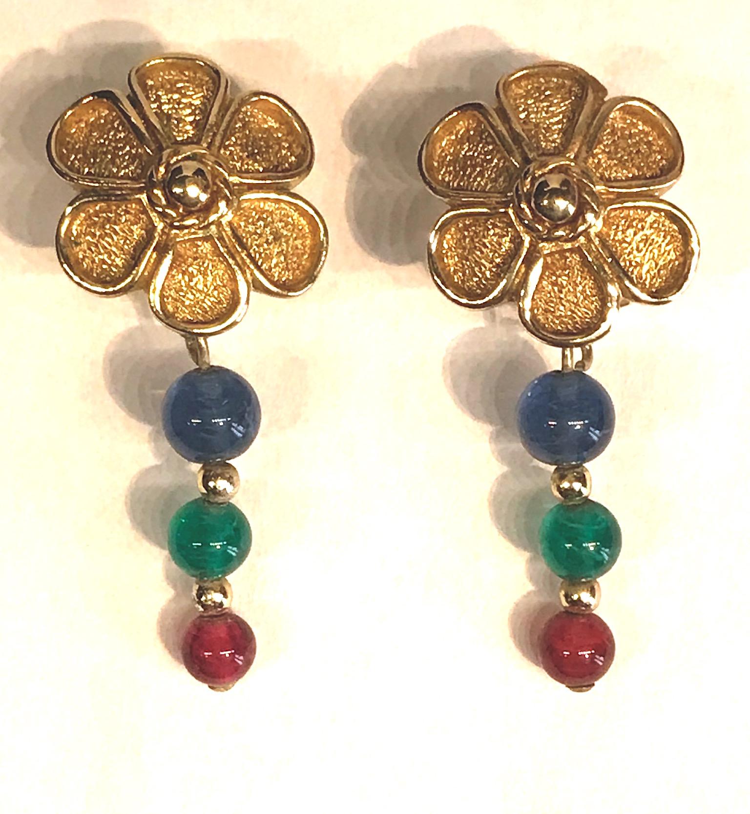Grosse Germany 1980s Flower Earrings with Red, Blue & Green Beads 7