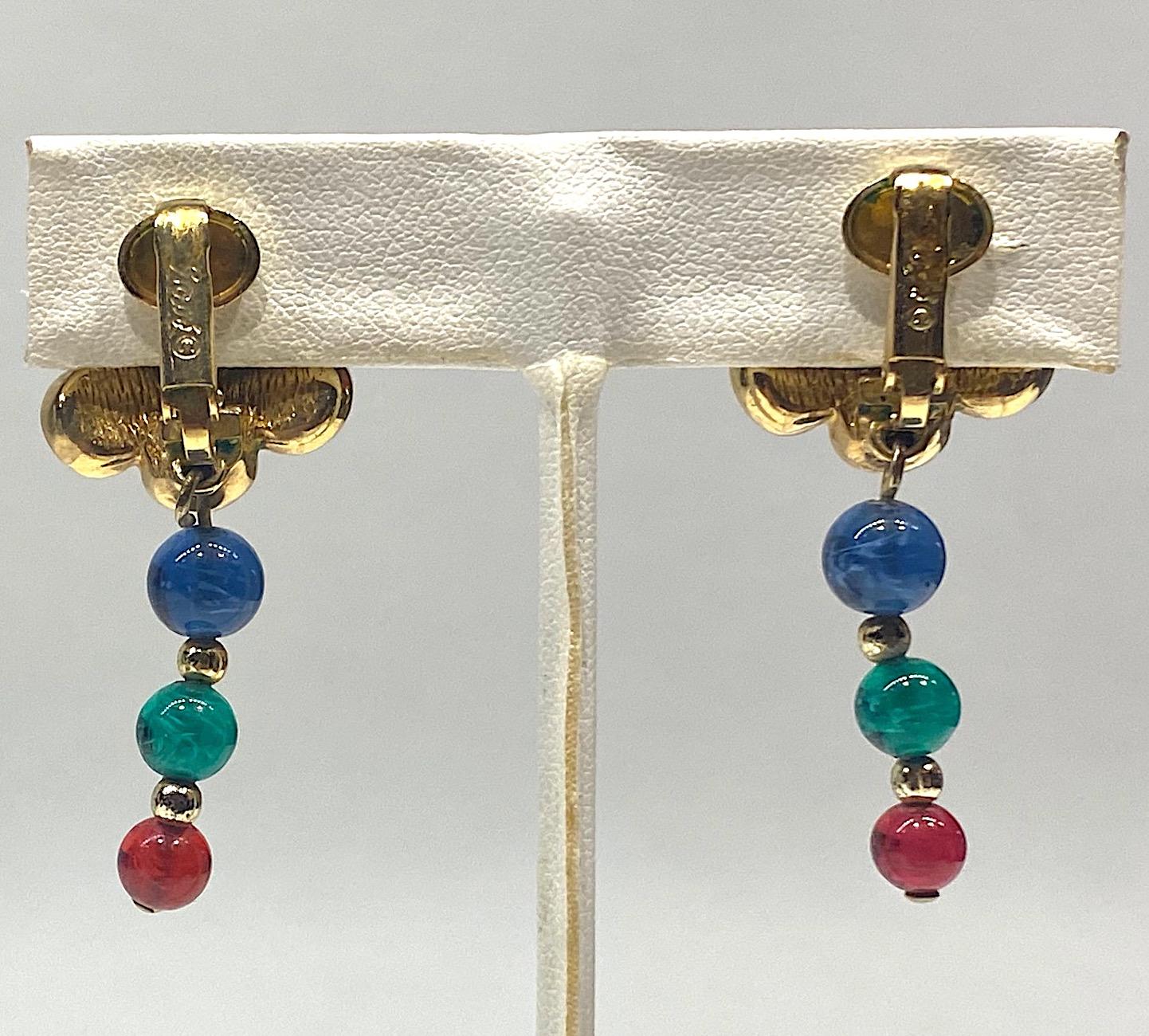 Women's Grosse Germany 1980s Flower Earrings with Red, Blue & Green Beads