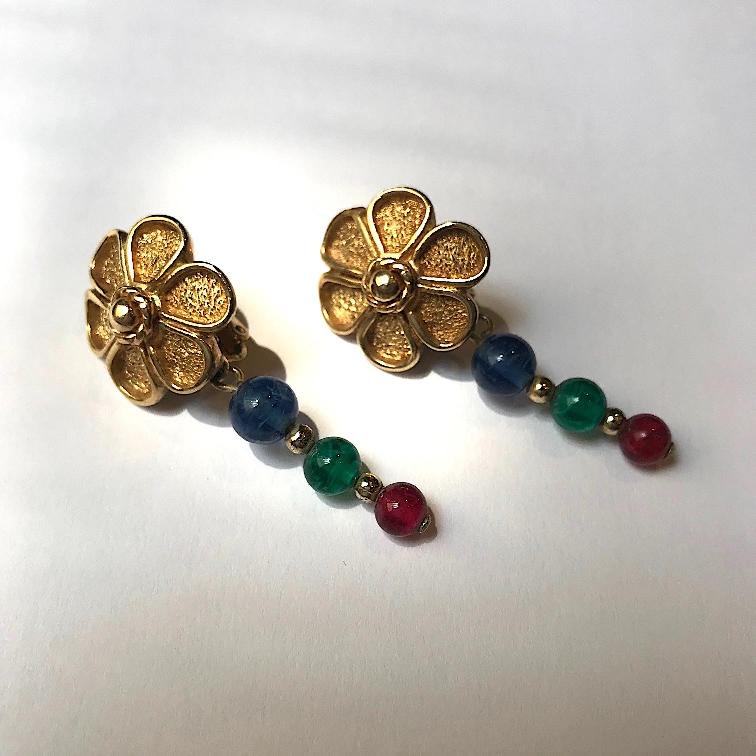 Grosse Germany 1980s Flower Earrings with Red, Blue & Green Beads 2