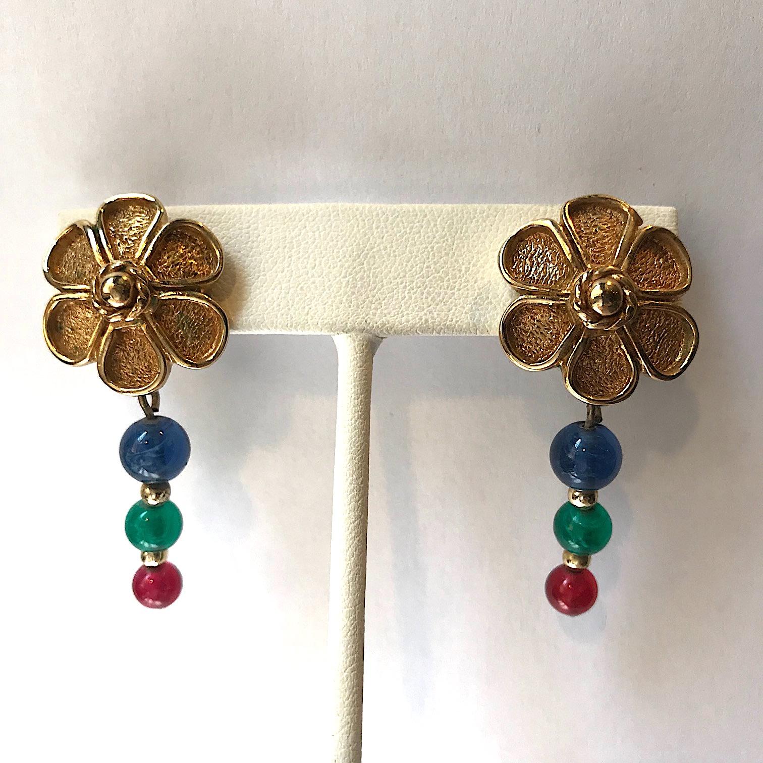 Grosse Germany 1980s Flower Earrings with Red, Blue & Green Beads 3