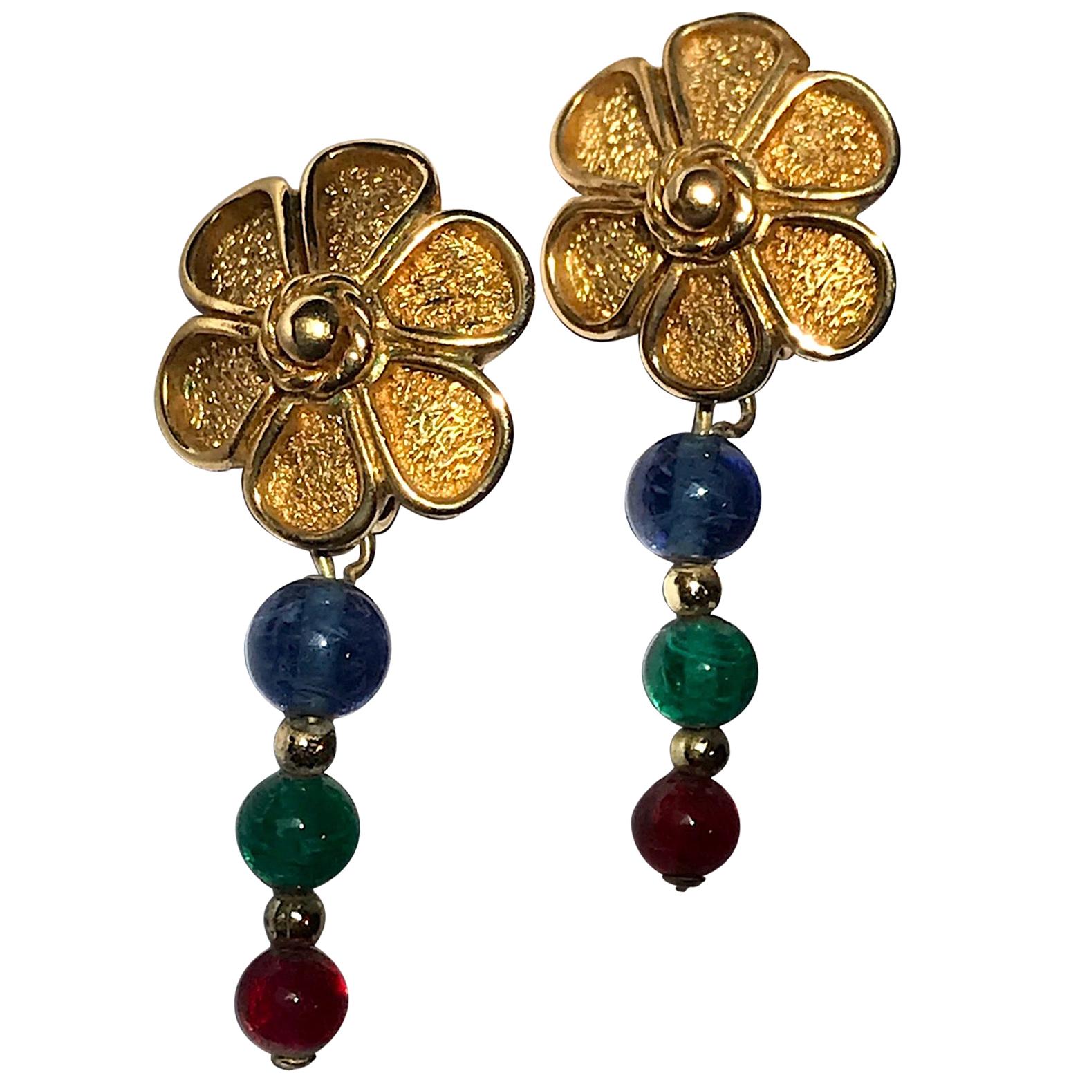 Grosse Germany 1980s Flower Earrings with Red, Blue & Green Beads