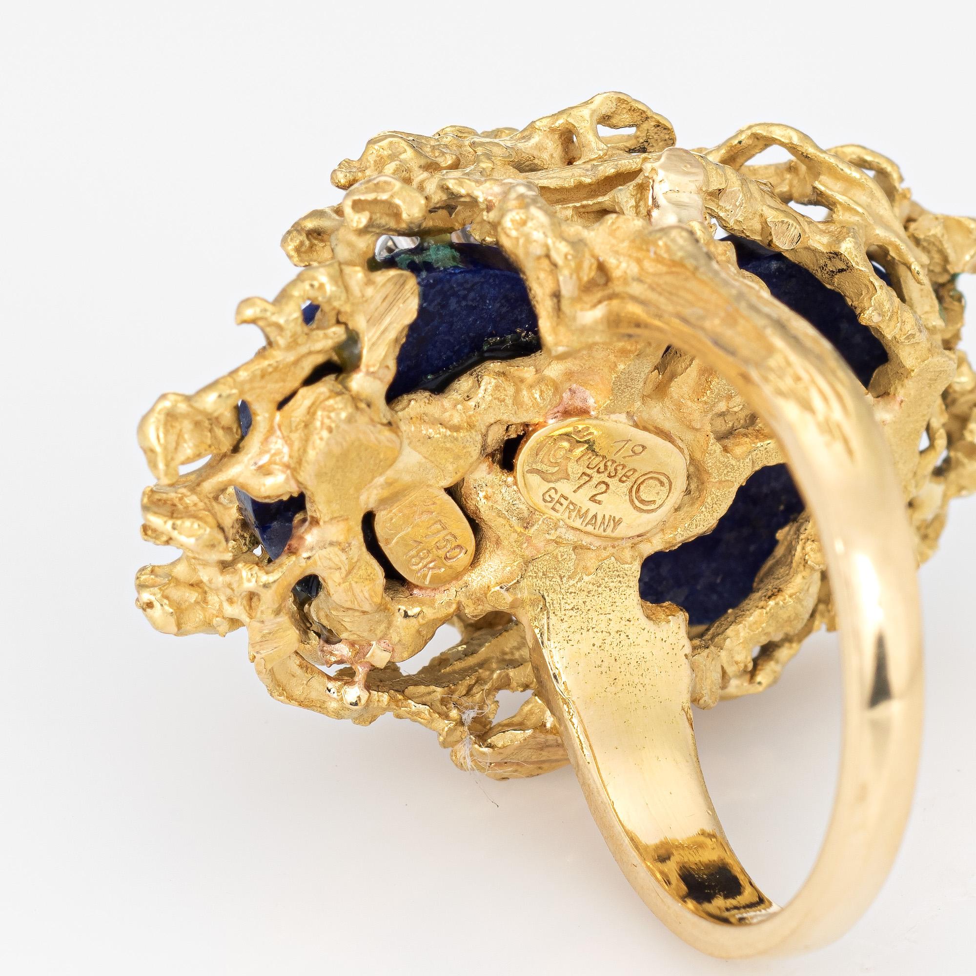 Round Cut Grosse Germany Lapis Lazuli Diamond Ring 1972 Vintage 18 Karat Gold Brutalist