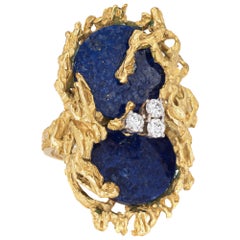 Grosse Allemagne Lapis Lazuli Diamond Ring 1972 Vintage 18 Karat Gold Brutalist