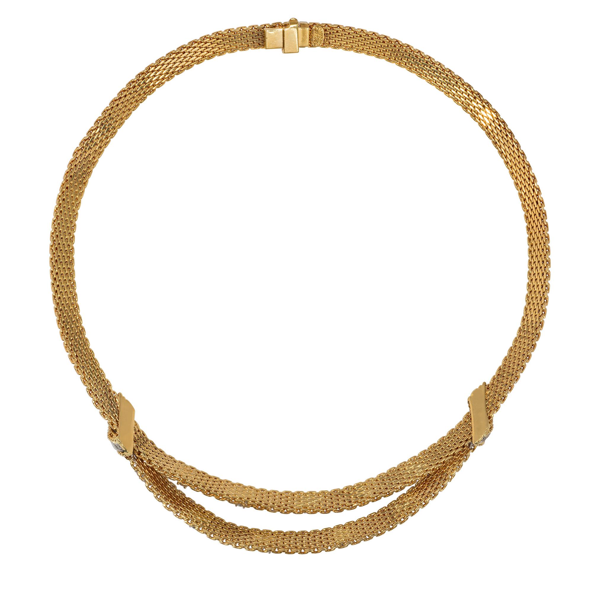 A mid-century woven gold and diamond swag necklace featuring a swagged center accented with claw-set diamonds and flanked by scrolled diamond ornaments with gold rope twist borders, in 18k.  Stamped Grosse, Germany, 1965.  Atw diamonds 1.18 cts.

*