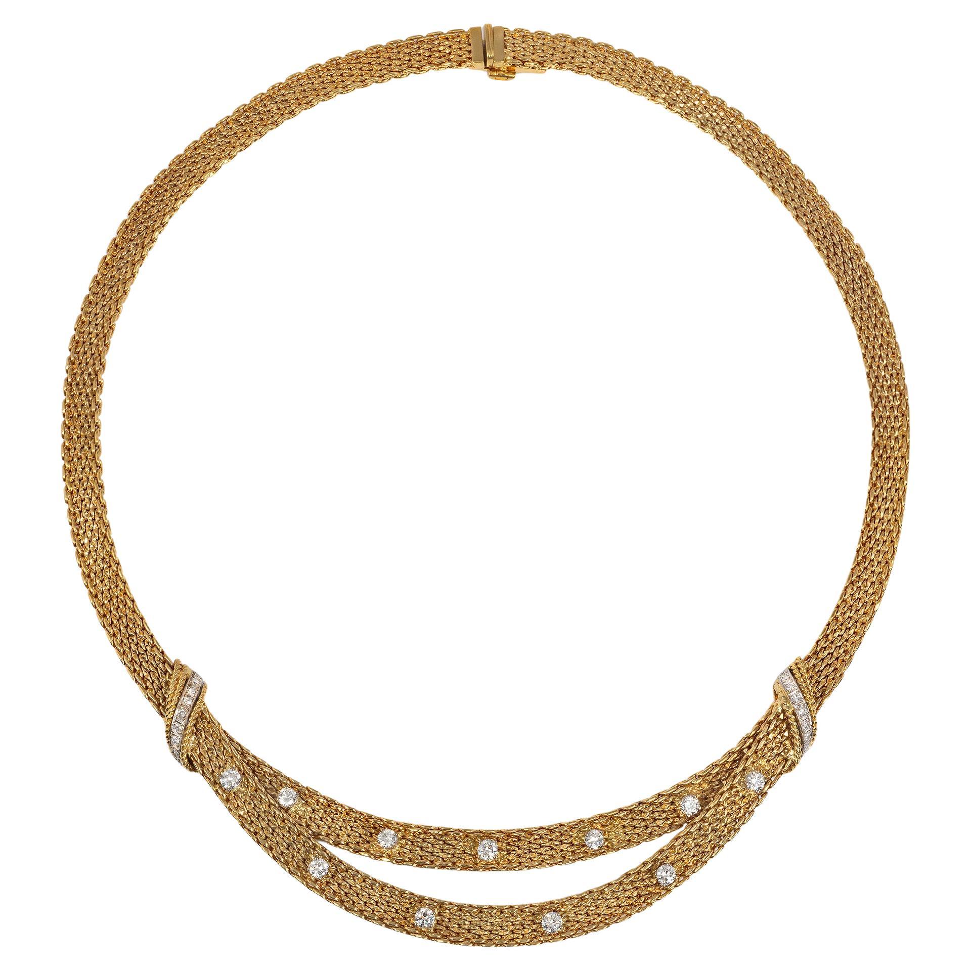 Grosse, Germany Mid-Century Woven Gold and Diamond Swag Necklace For Sale