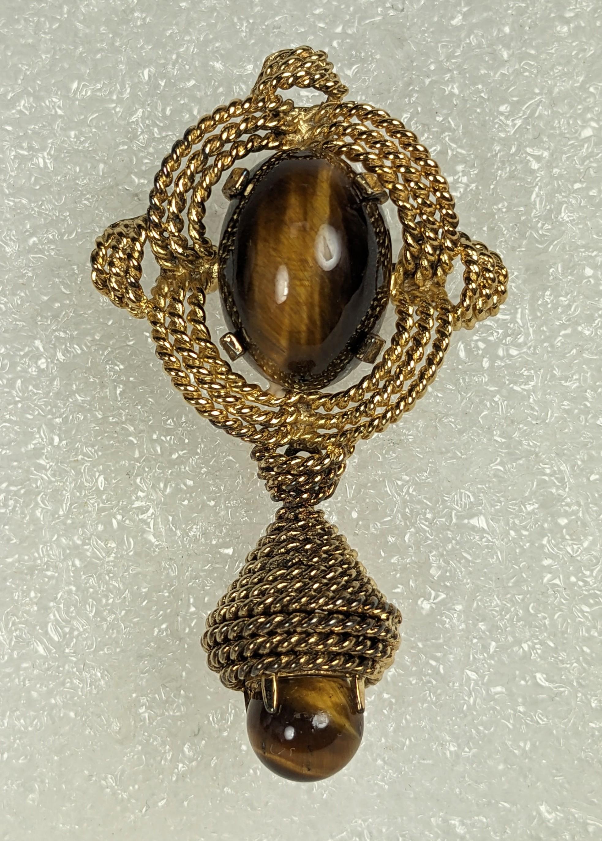 Grosse Sterling Vermeil Tiger's Eye Brooch from the 1960's. Charming drop brooch with genuine tigers eye cbaochons set in rope motif settings of gilt sterling. Dated 1961, Signed Grosse, Sterling. 2