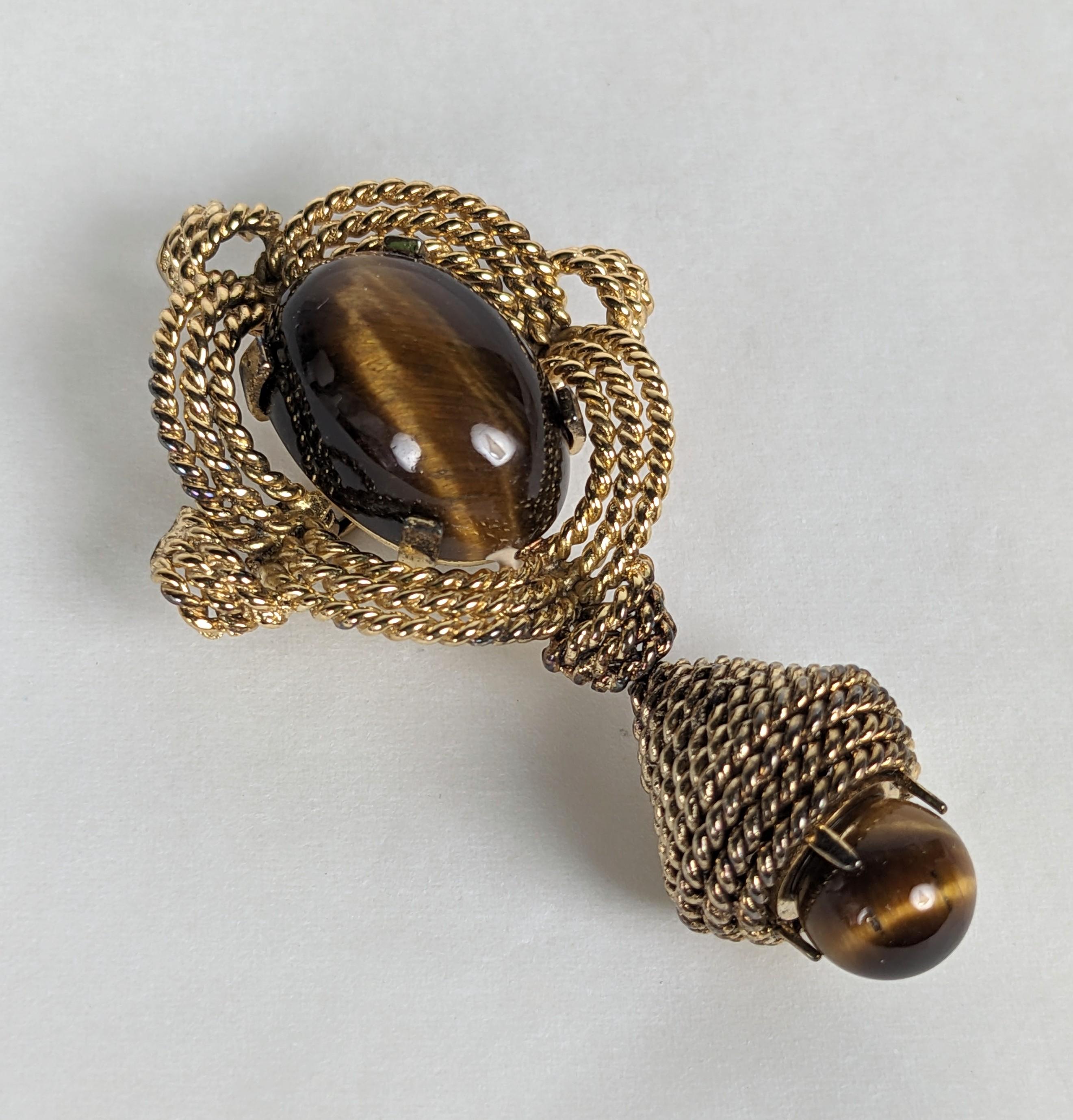 Cabochon Grosse Sterling Vermeil Tiger's Eye Brooch For Sale