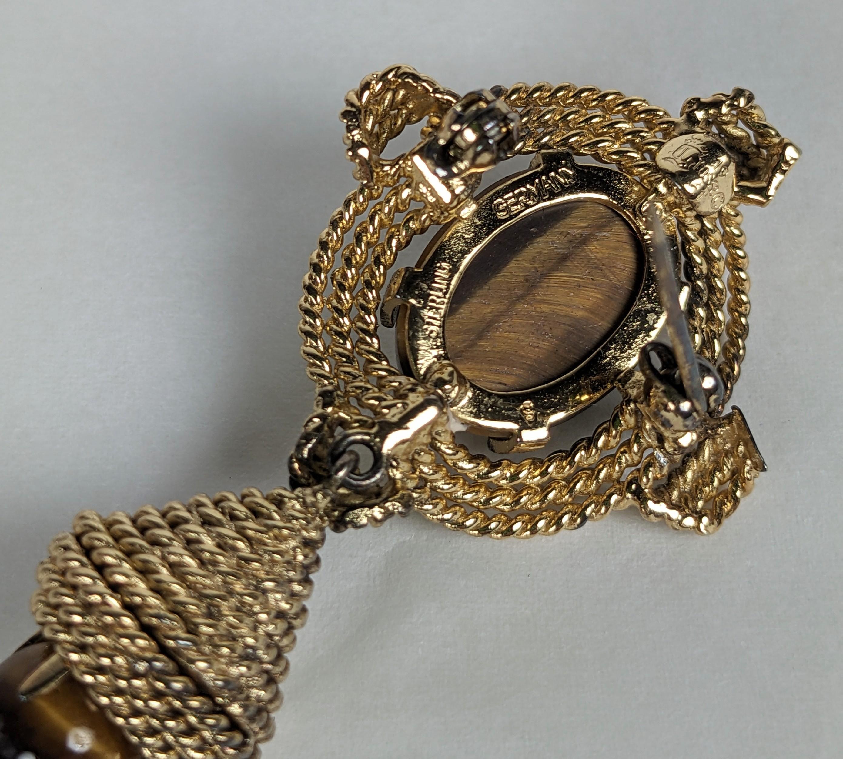 Women's or Men's Grosse Sterling Vermeil Tiger's Eye Brooch For Sale