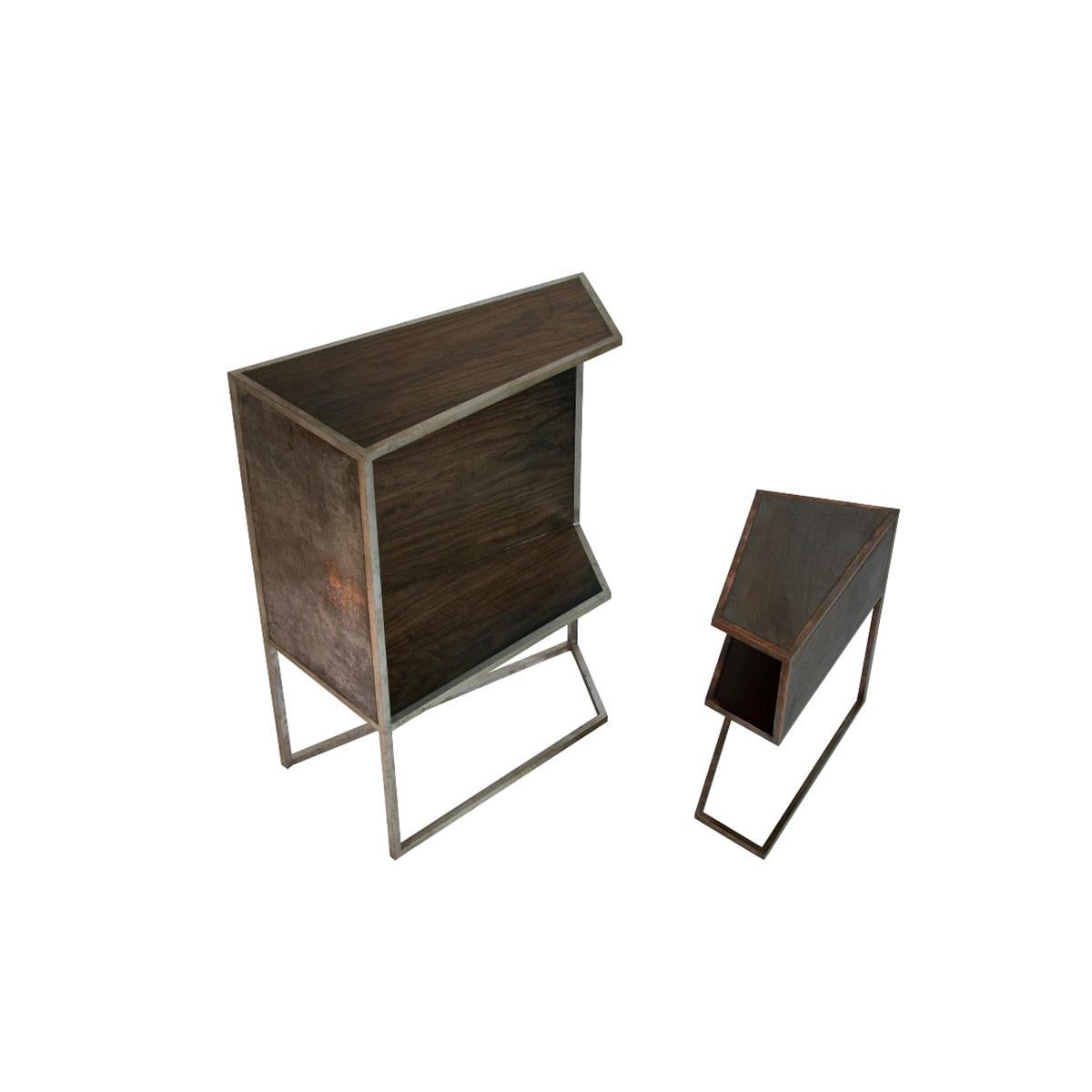 French Grosstier Modern Industrial Silver and Copper Plated Steel Framed Wood Cabinet