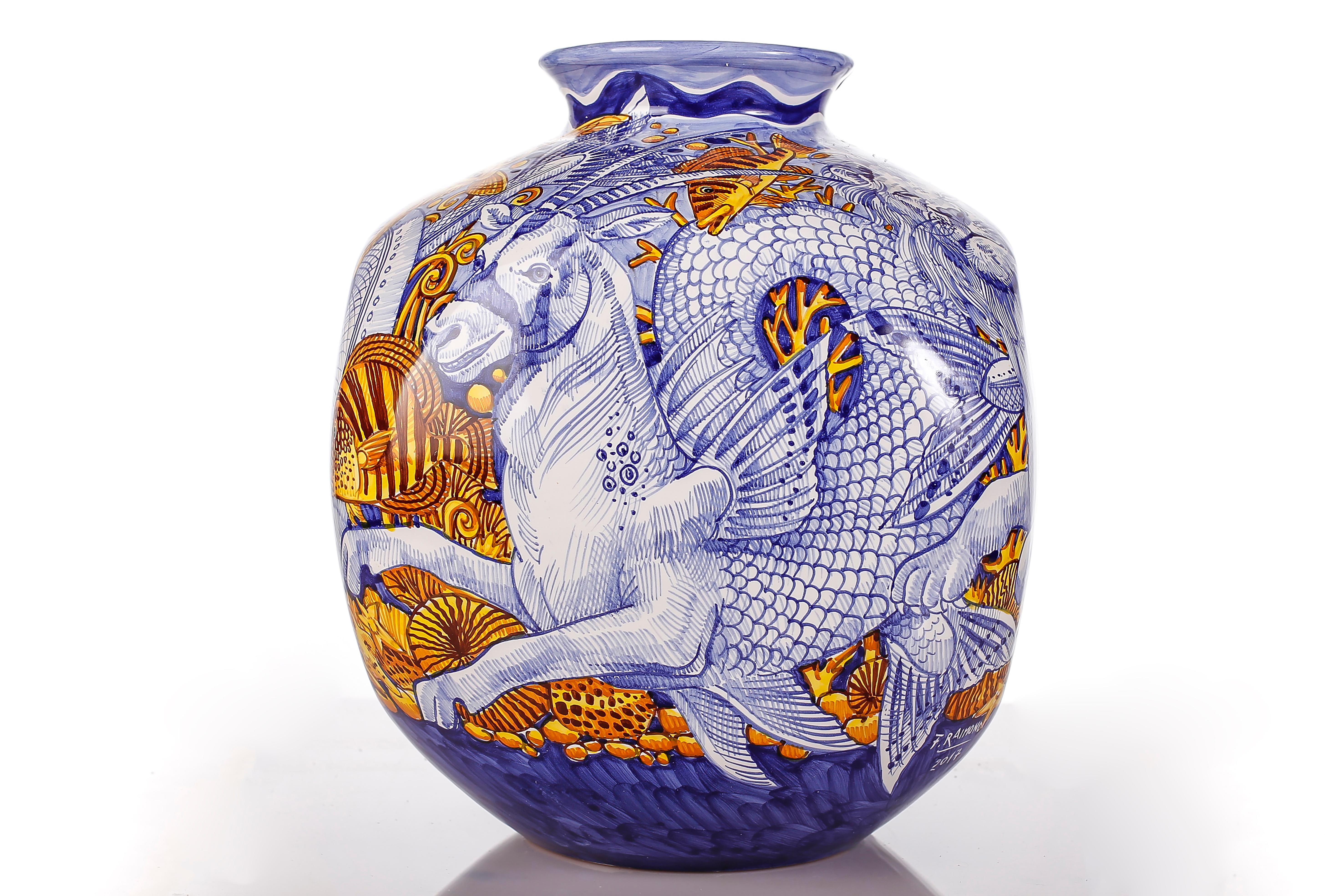 Italian Grotesque Ceramic Vase Glazed Earthenware Hand Painted Italy Contemporary