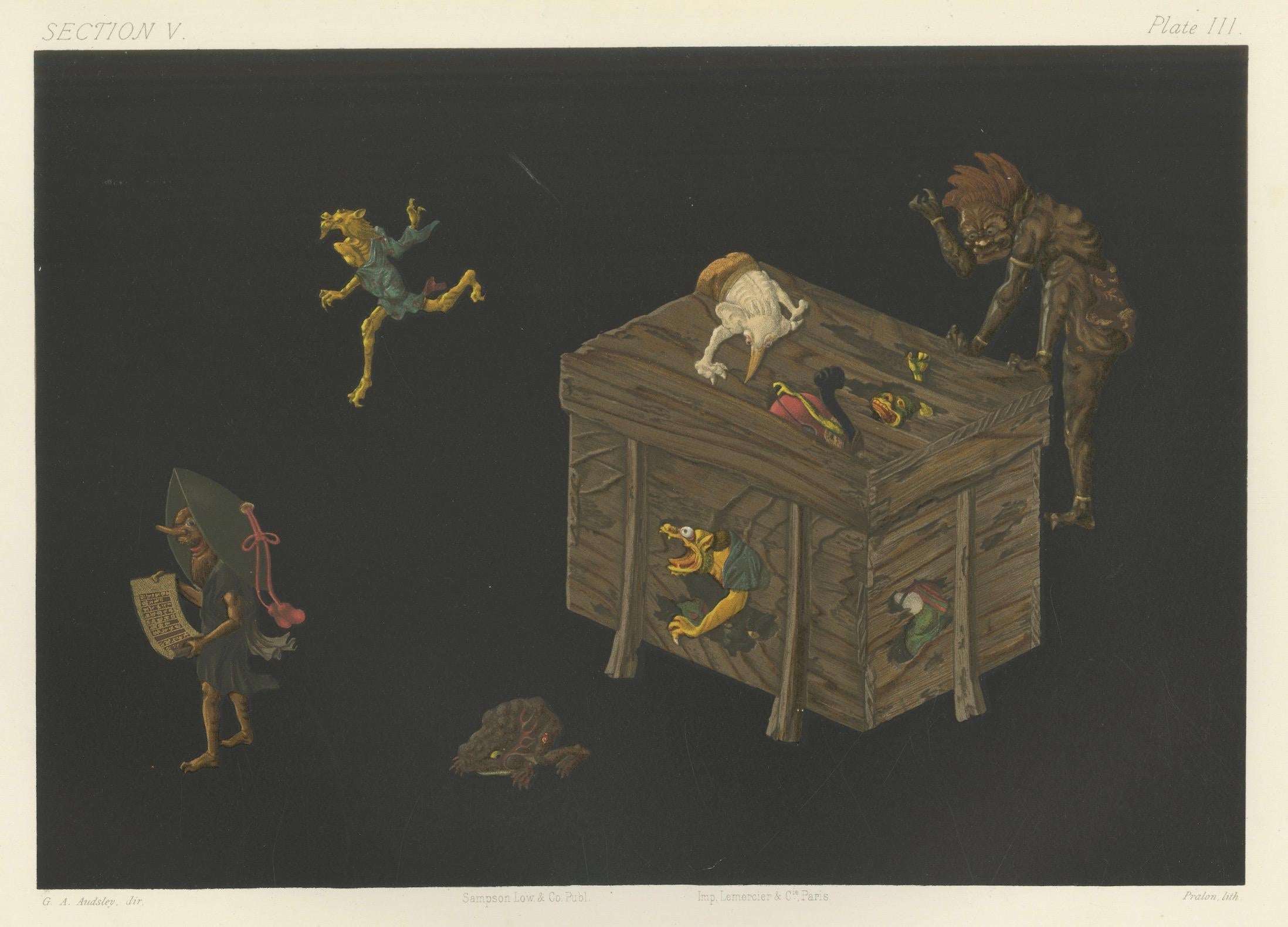 Grotesque Fantasies with a Japanese Influence – Plate III from G. A. Audsley’s Chromolithographic Series

Description: This extraordinary chromolithograph, directed by the esteemed G. A. Audsley and published by Sampson Low & Co., draws inspiration