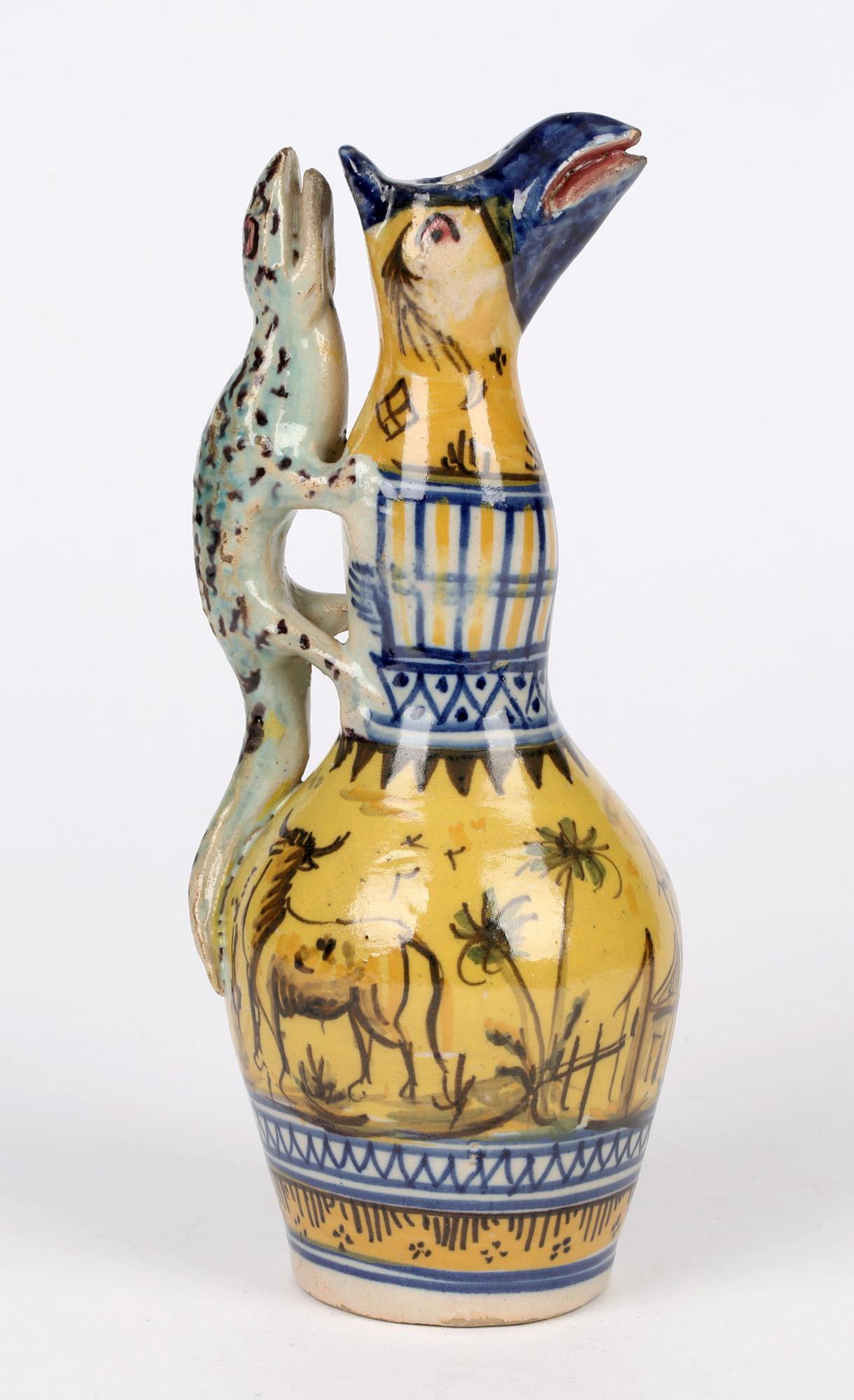 Hand-Painted Grotesque Spanish Faience Lizard Handled Pottery Oil Bottle