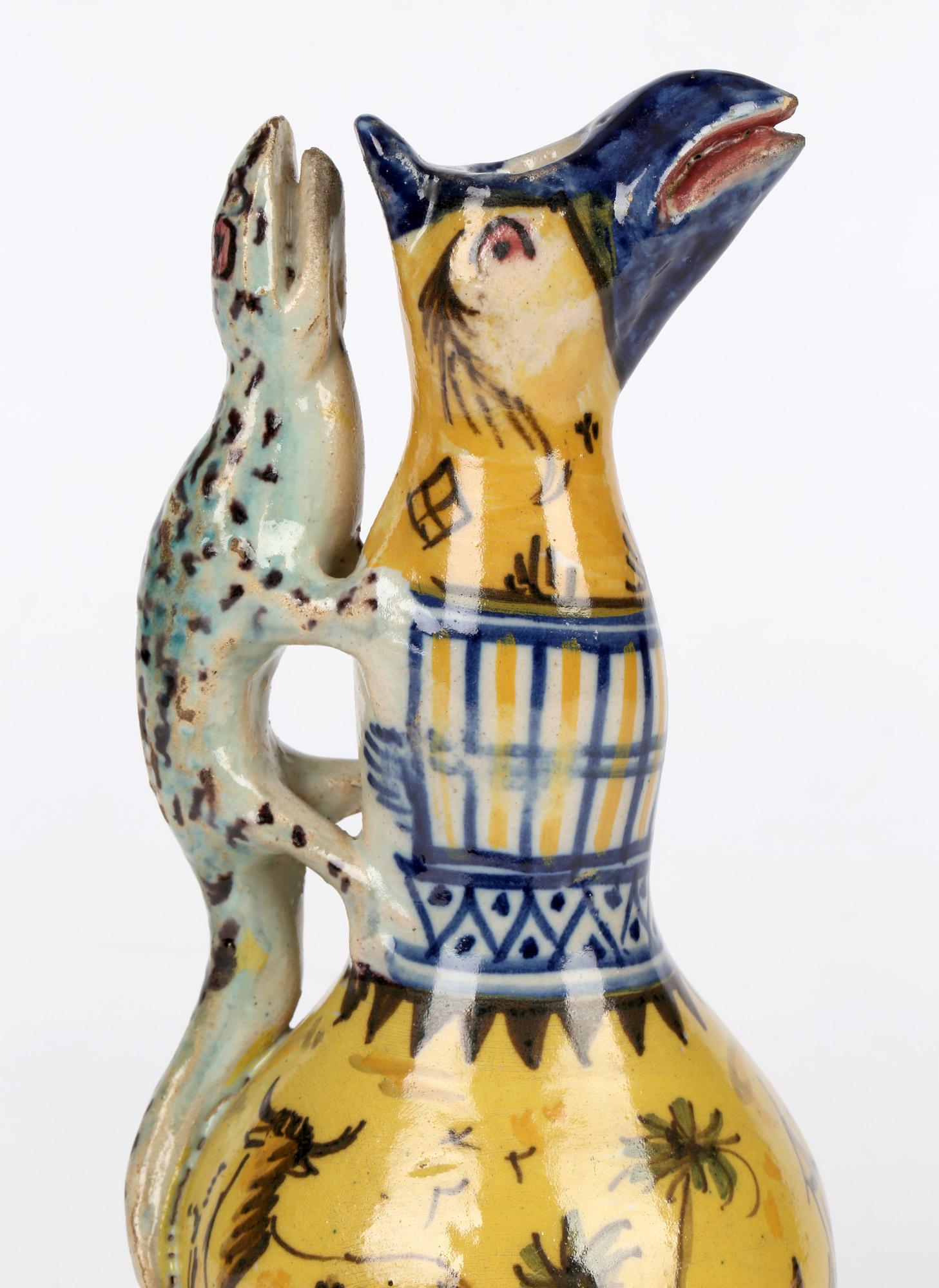 Grotesque Spanish Faience Lizard Handled Pottery Oil Bottle In Good Condition In Bishop's Stortford, Hertfordshire