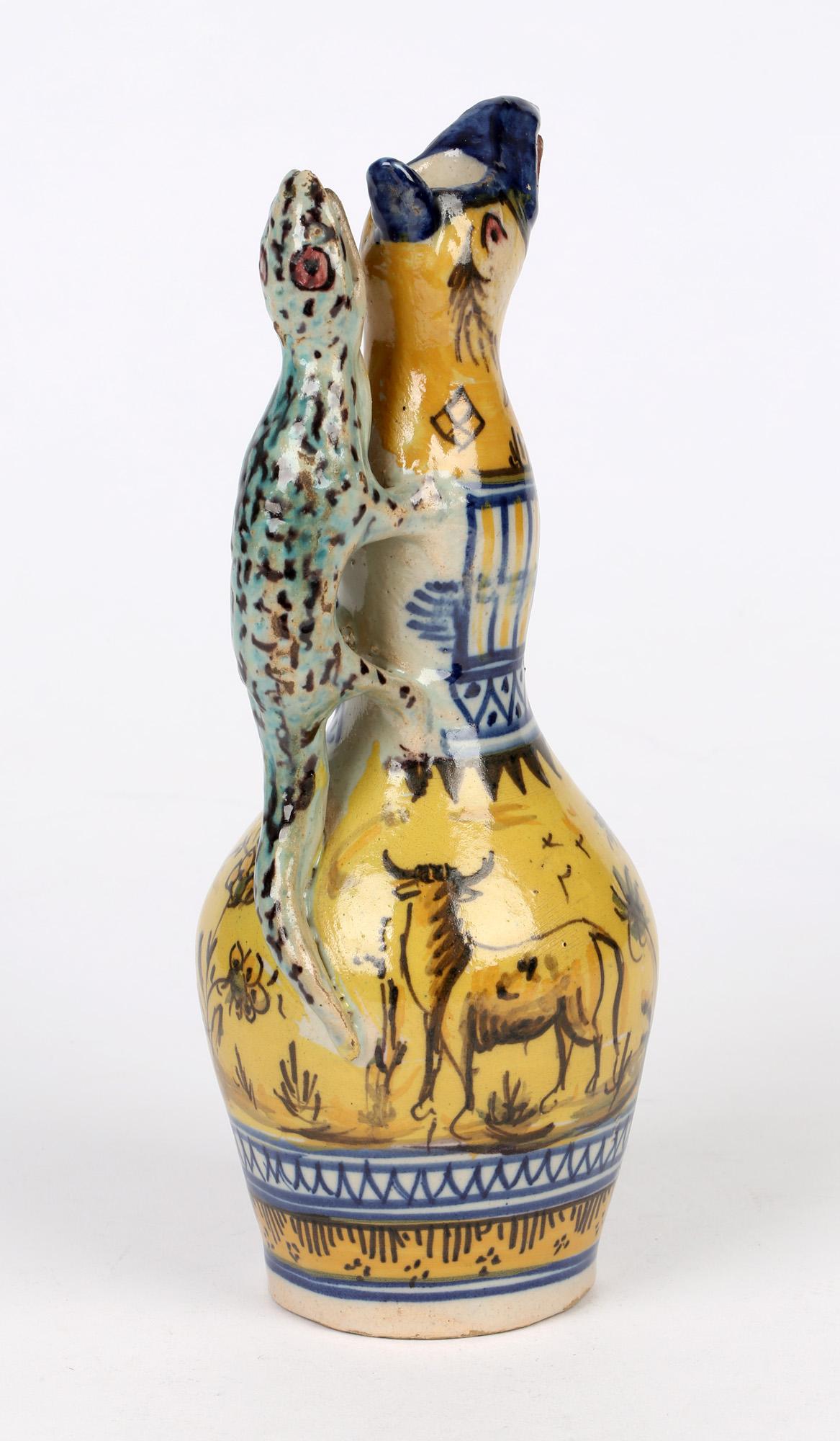 19th Century Grotesque Spanish Faience Lizard Handled Pottery Oil Bottle