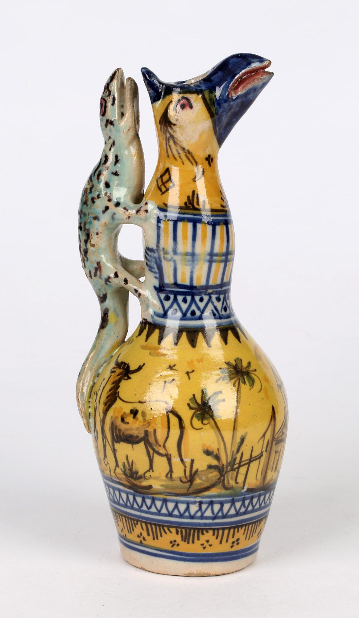 Grotesque Spanish Faience Lizard Handled Pottery Oil Bottle 3
