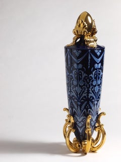 Large Grotesque Ceramic Vase Hand-painted Glazed Majolica and Gold Contemporary