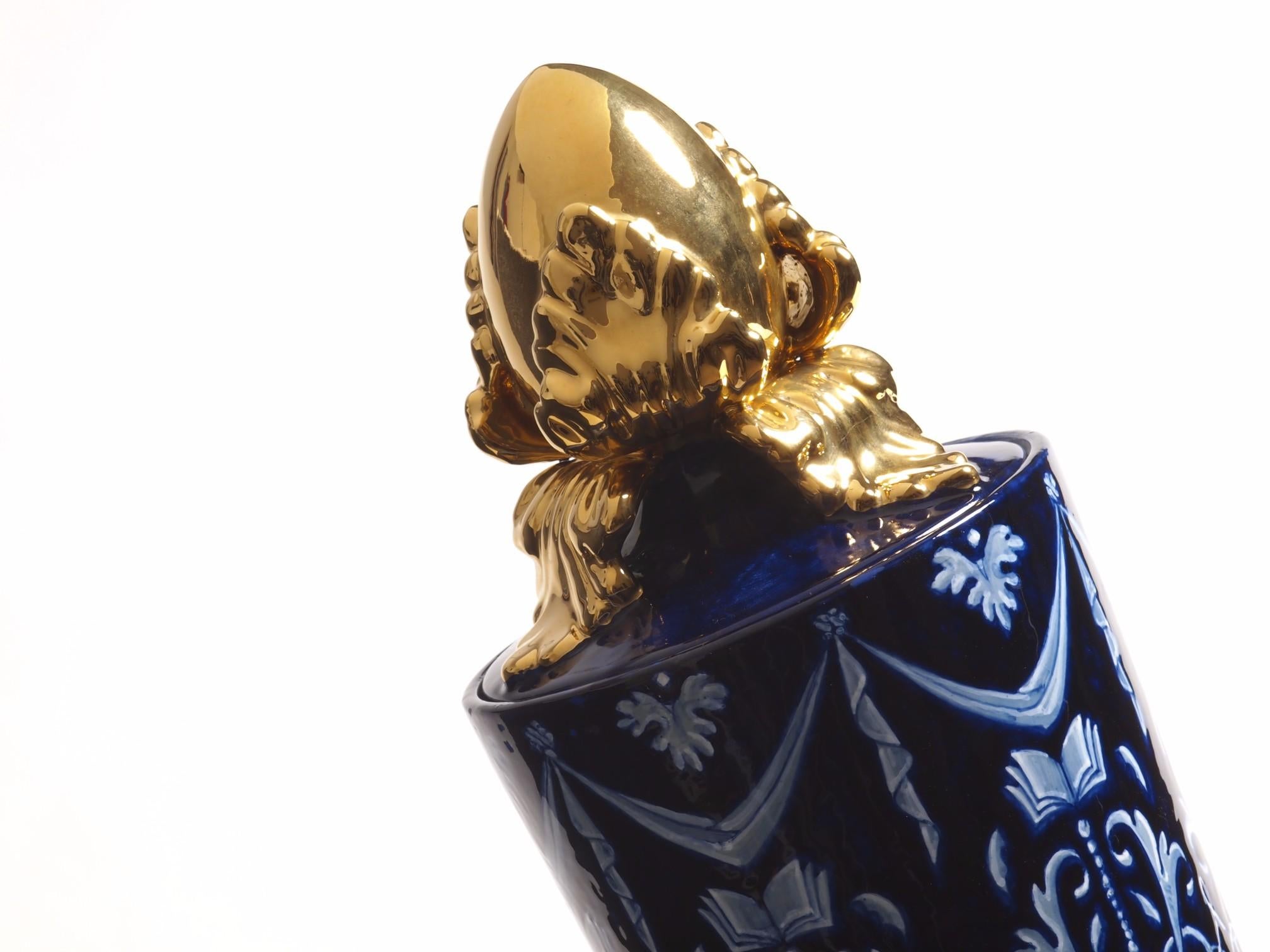 Italian Large Grotesque Ceramic Vase Hand-painted Glazed Majolica and Gold Contemporary For Sale