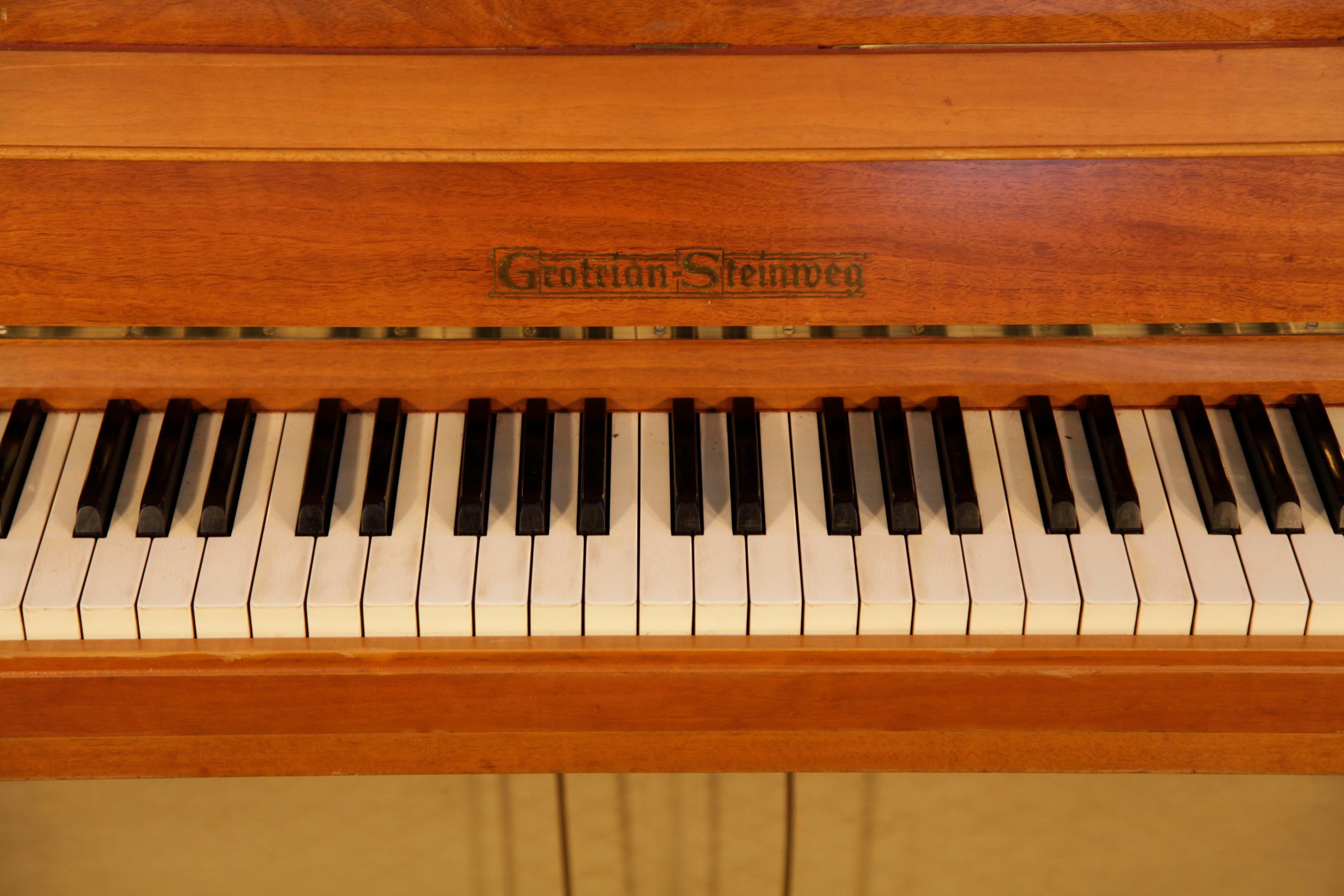 Mid-Century Modern Grotrian Steinweg Model 110 Upright Piano Mid Century Modern Walnut Fabric Panel For Sale