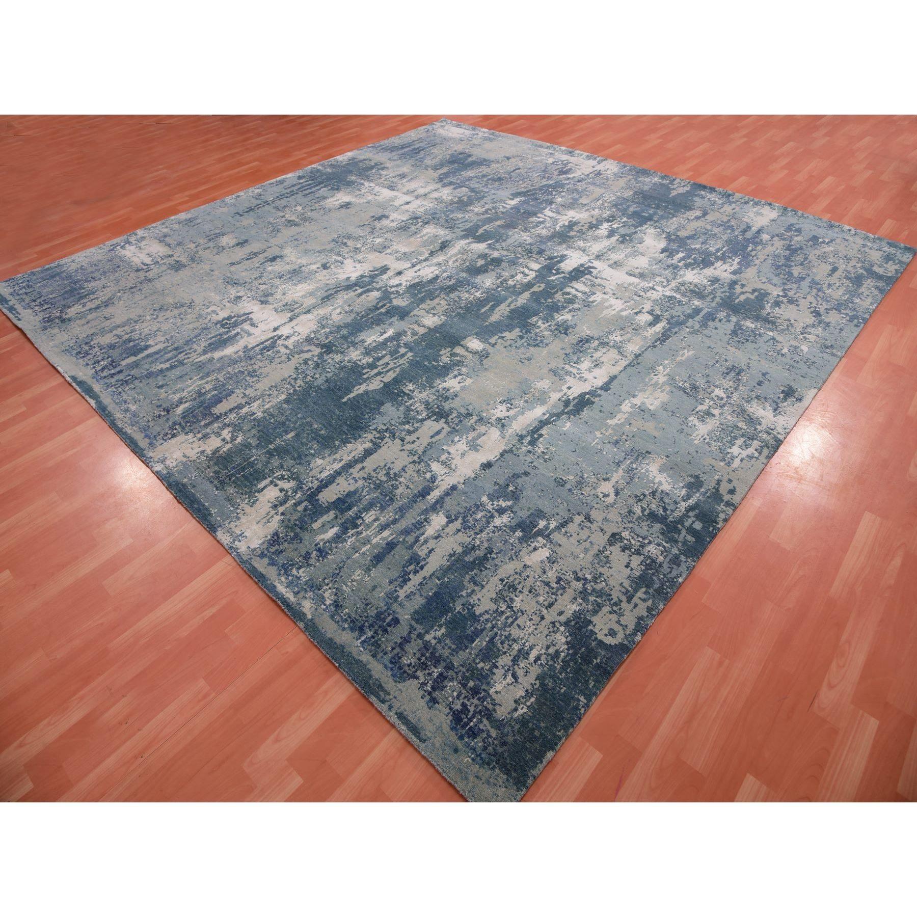 Moderno Grotto Blue Abstract Design Seta e Lana annodato a mano Square Rugs 11'11