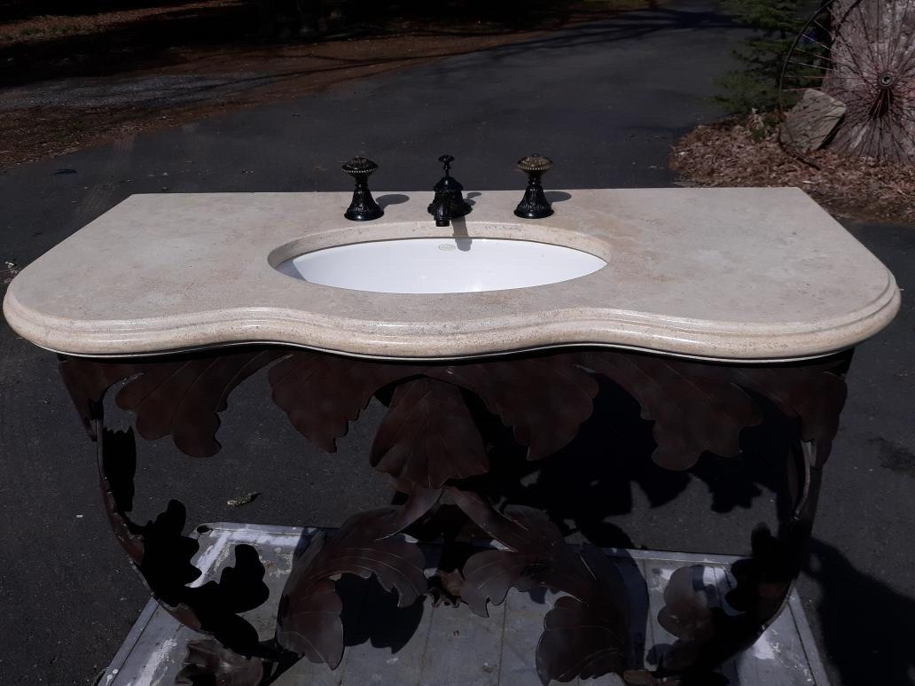 Organic Modern Grotto Design Iron, Marble and Bronze Bathroom Sink with THG Paris Faucet For Sale