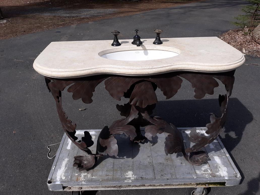 American Grotto Design Iron, Marble and Bronze Bathroom Sink with THG Paris Faucet For Sale