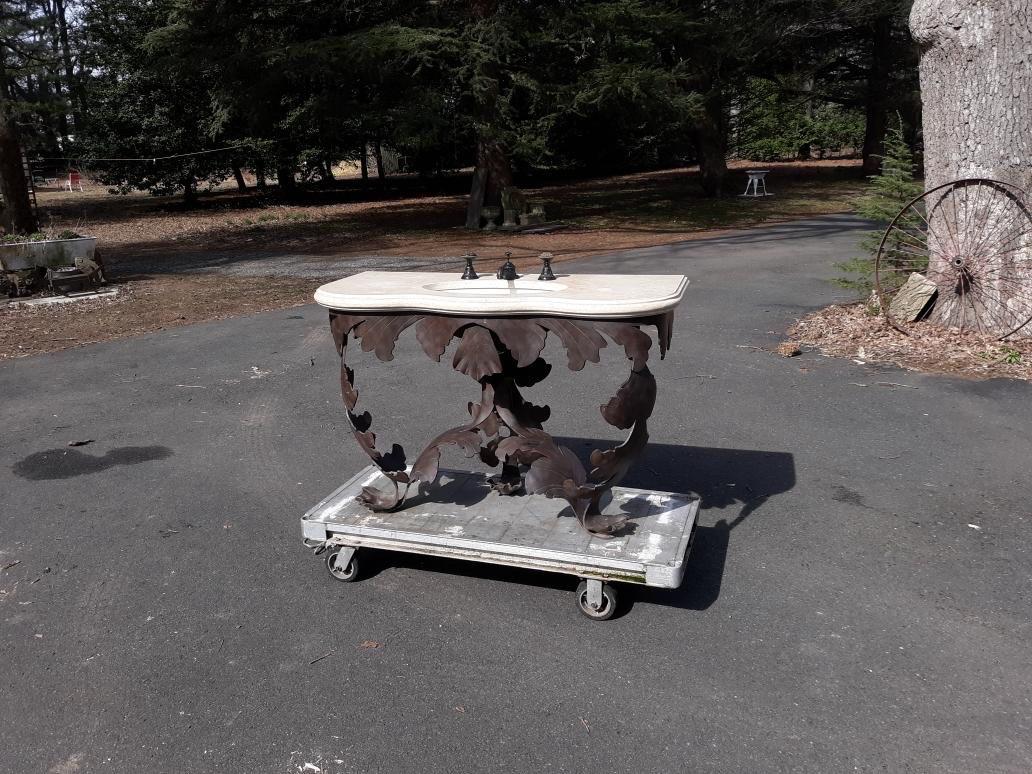 Grotto Design Iron, Marble and Bronze Bathroom Sink with THG Paris Faucet In Excellent Condition For Sale In Lambertville, NJ