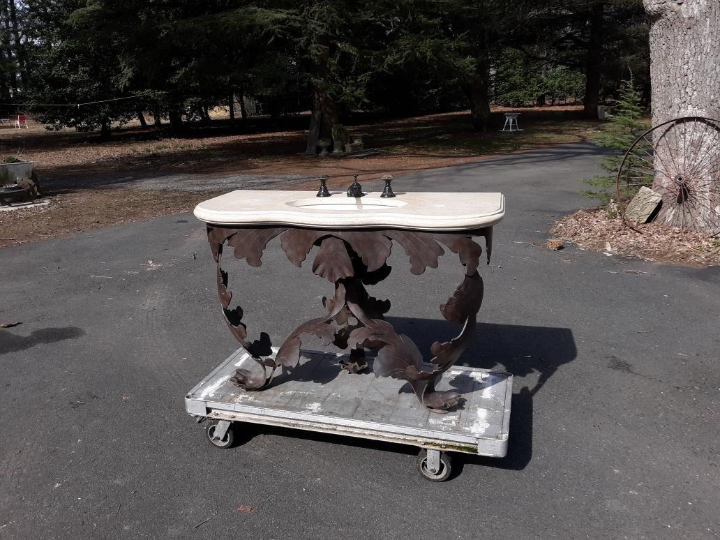 Late 20th Century Grotto Design Iron, Marble and Bronze Bathroom Sink with THG Paris Faucet For Sale