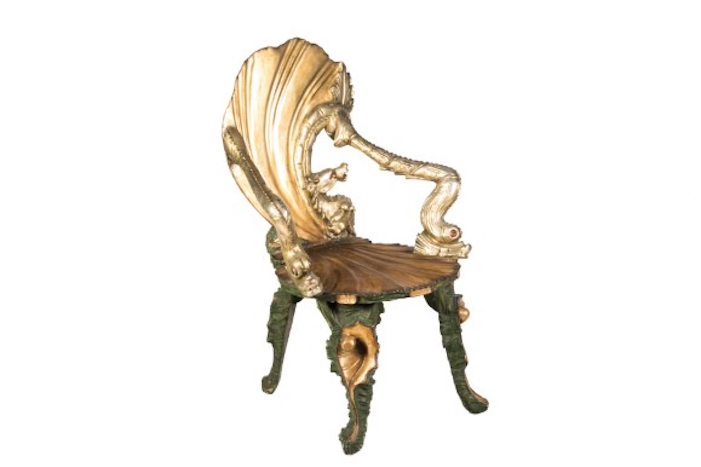 Venetian Grotto, giltwood and polychrome shell back, seahorse sides and dolphin armrest in giltwood and polychrome painted legs,