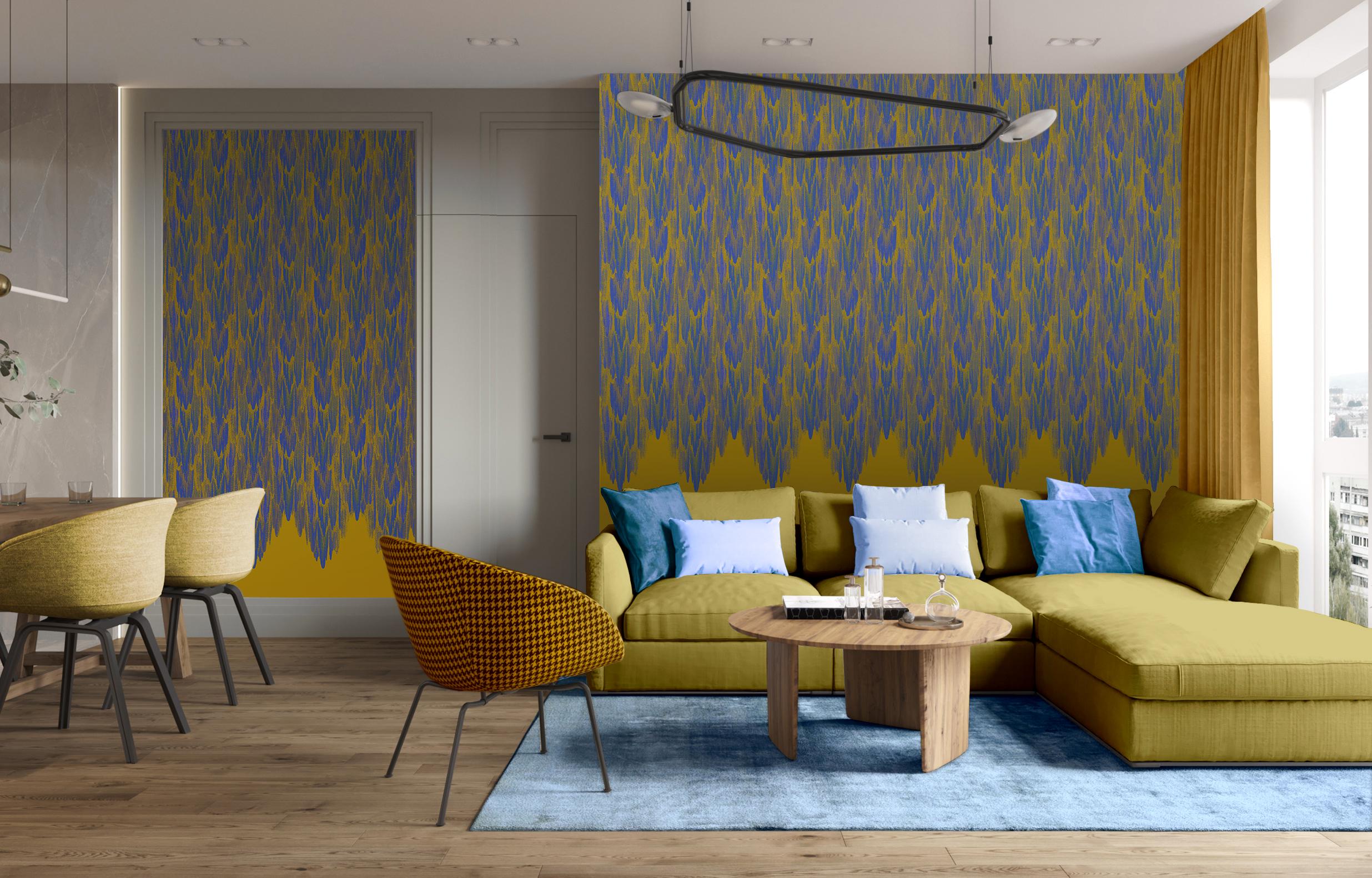 British Art Deco Inspired Blue & Yellow Wallpaper Panels: Grotto Majorelle For Sale