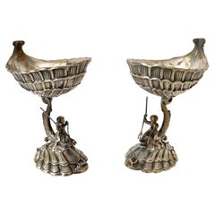 Antique Grotto Metal Footed Dish, a Pair