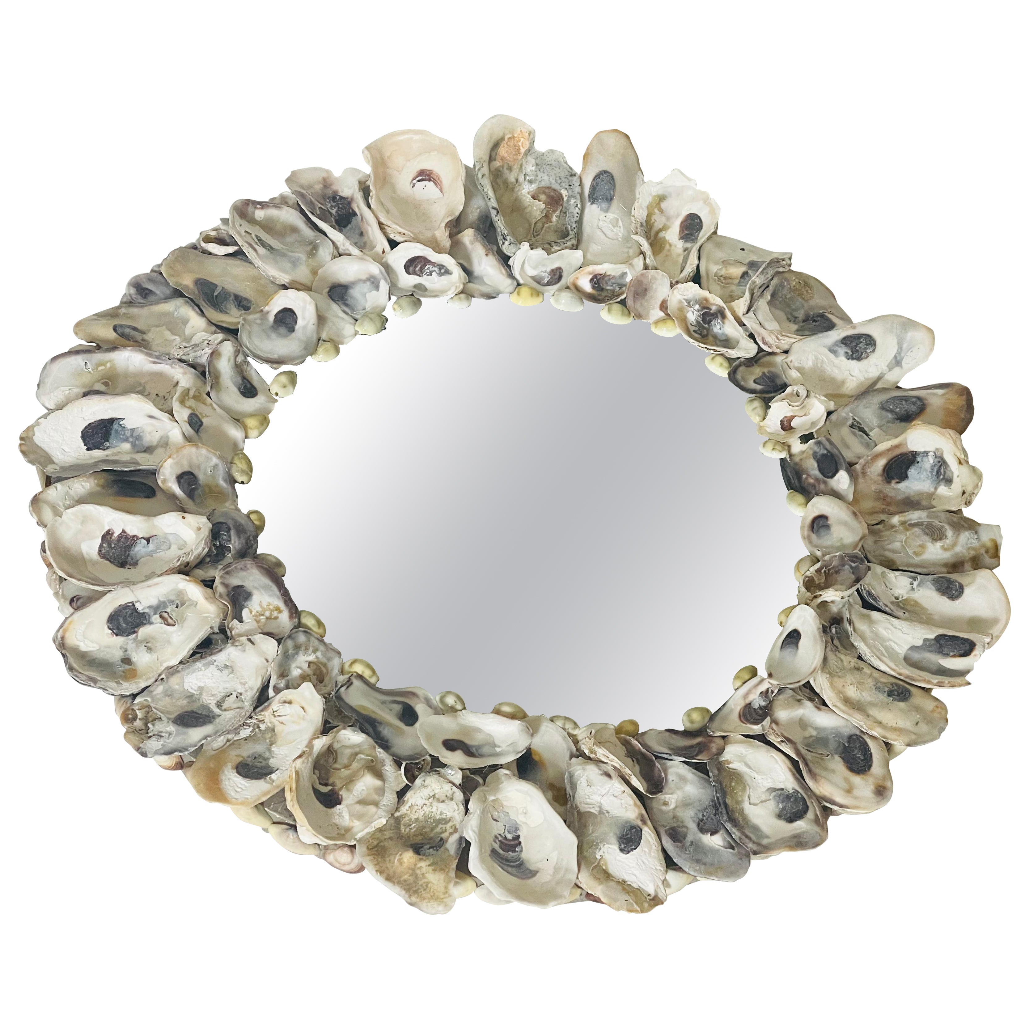 Grotto Style Round Wall Mirror with Oyster Shell, USA, 1970s